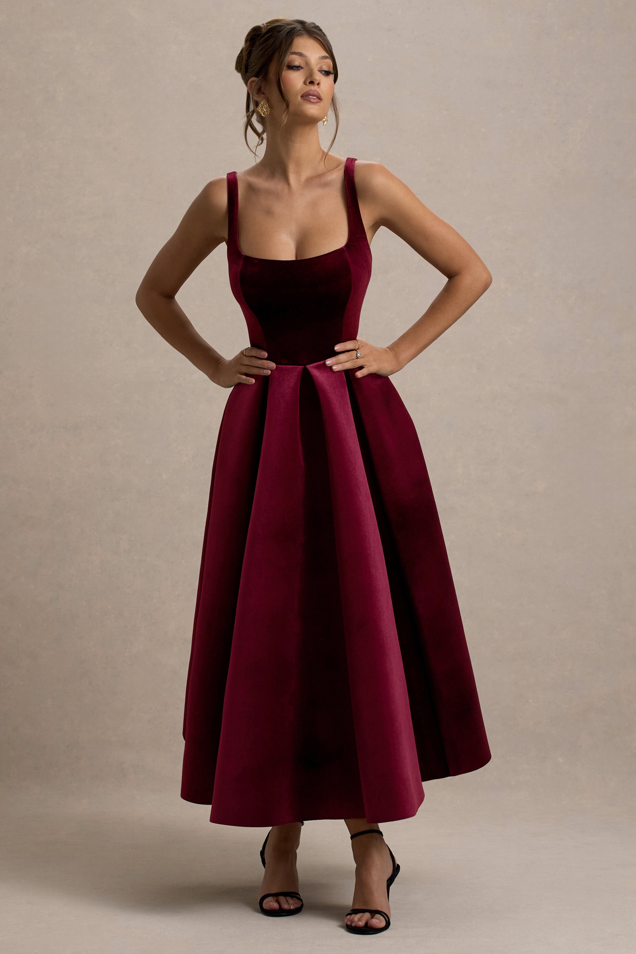 Francisca | Berry Velvet Strappy Volume-Hem Midi Dress-Sowoom