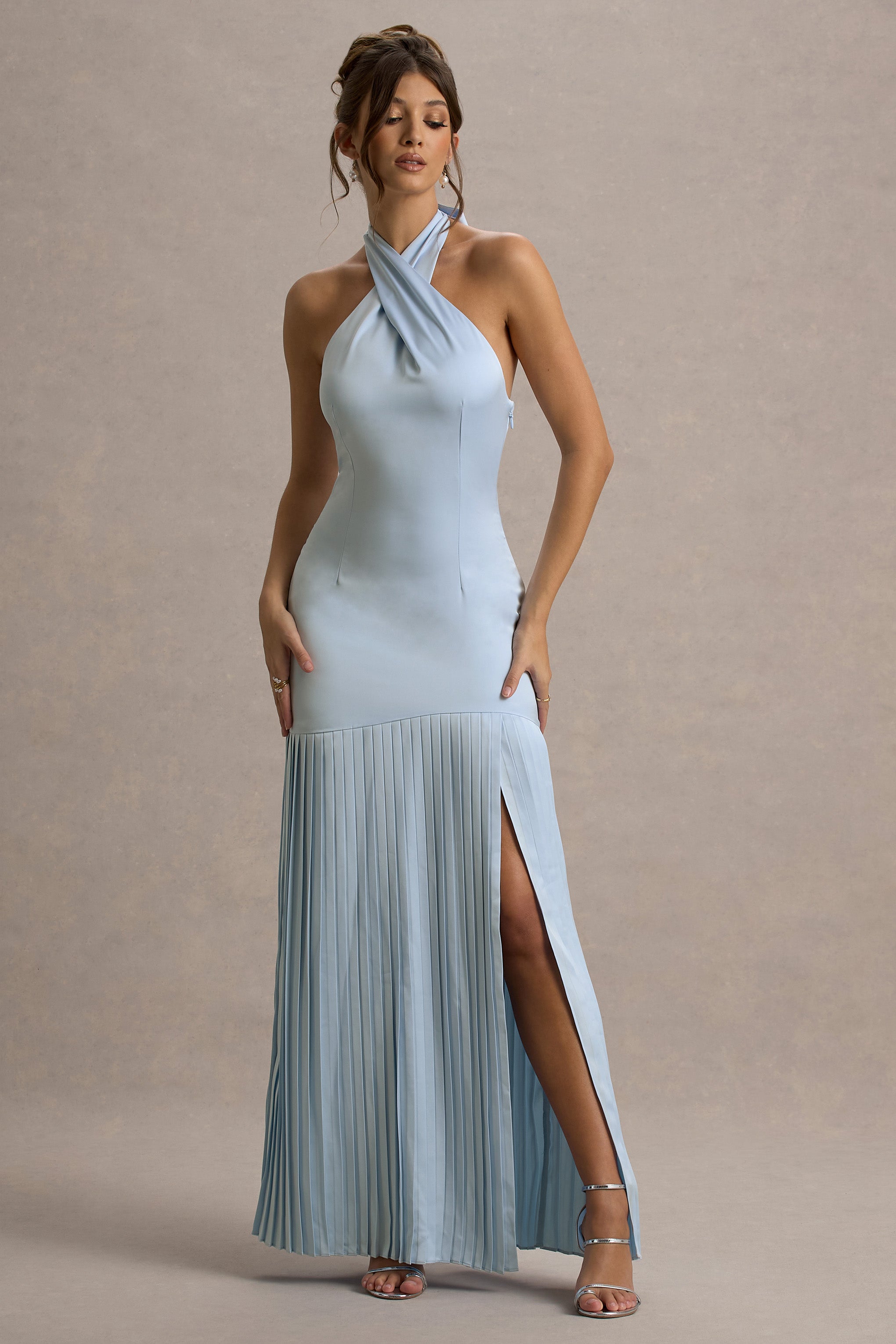 Sansa | Powder Blue Satin Cross Halter-Neck Plisse Maxi Dress-Sowoom