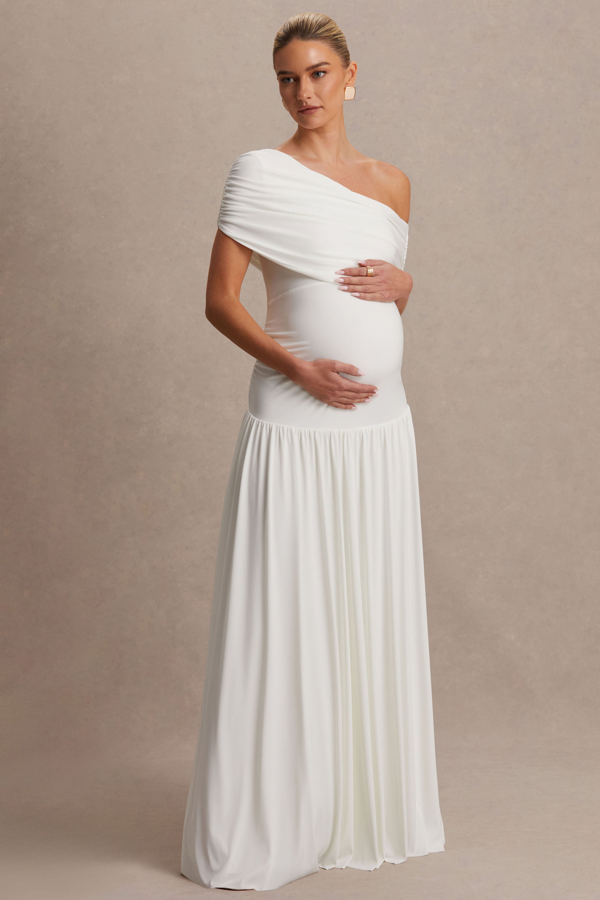 Noah | White Asymmetric-Neck Maternity Maxi Dress With Drop-Waist-Sowoom