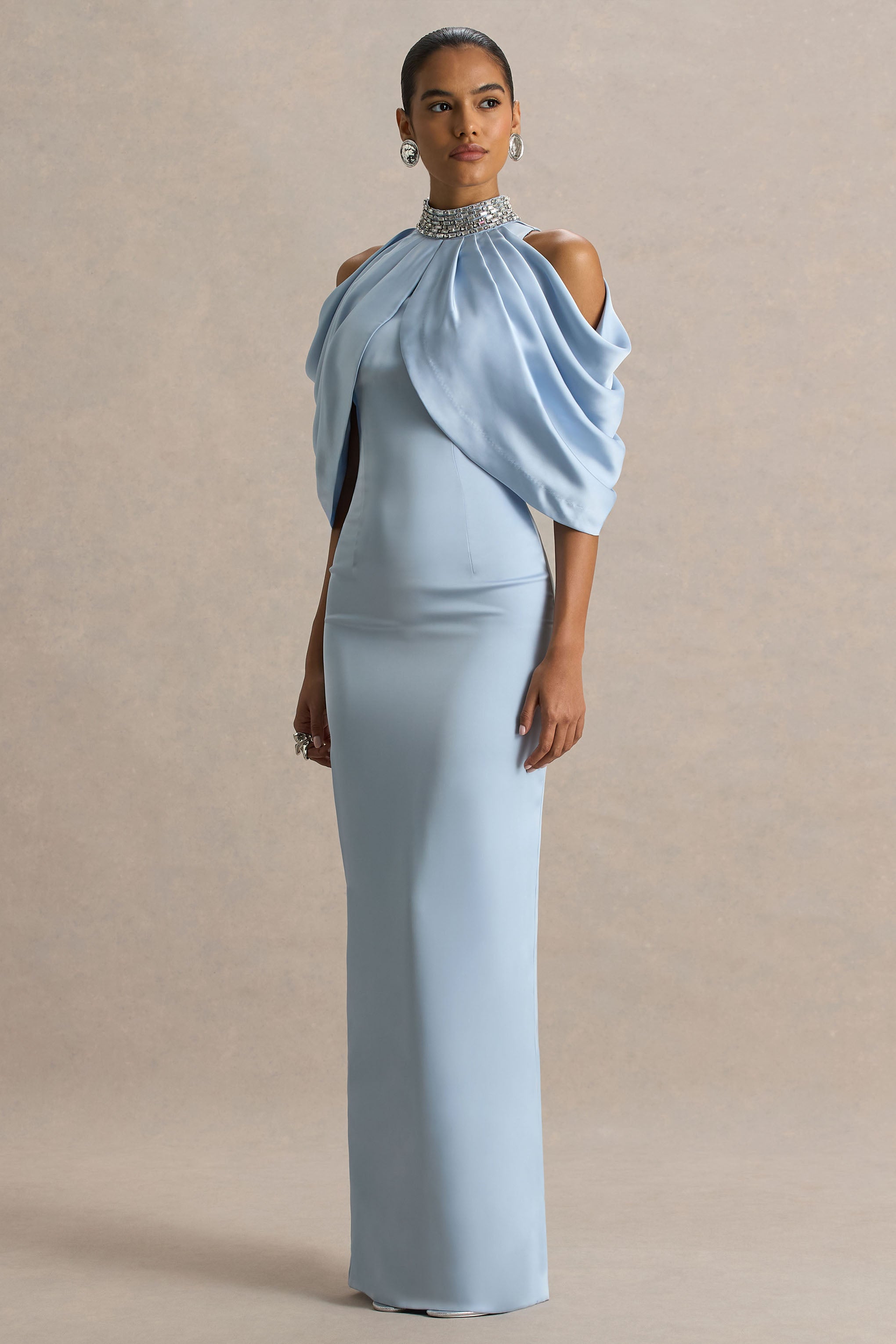 Sulliana | Powder Blue Satin High-Neck Maxi Dress With Embellished Detail And Cape Sleeves-Sowoom