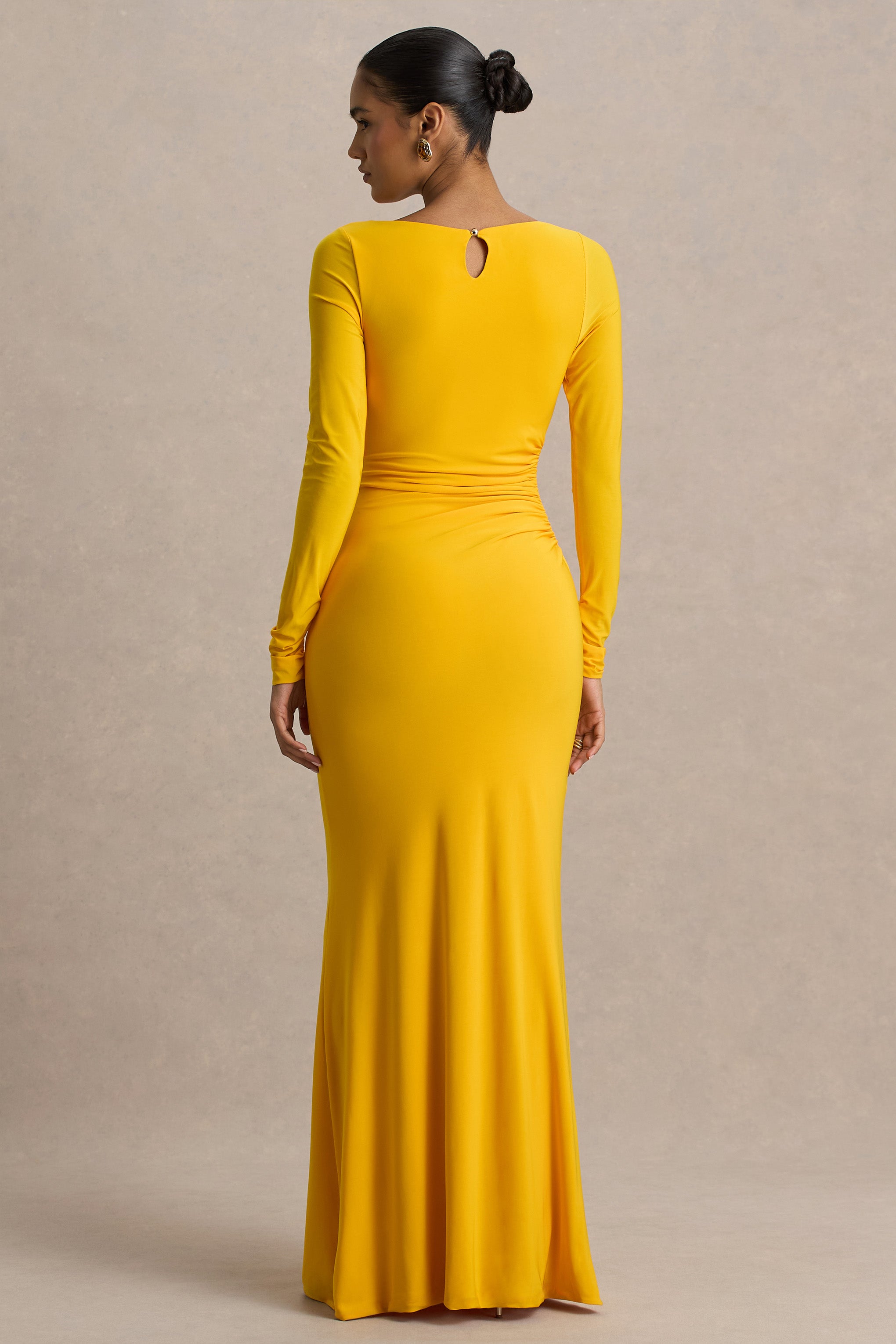 Diva | Yellow Slashed-Neck Maxi Dress With Ruched Detailing-Sowoom