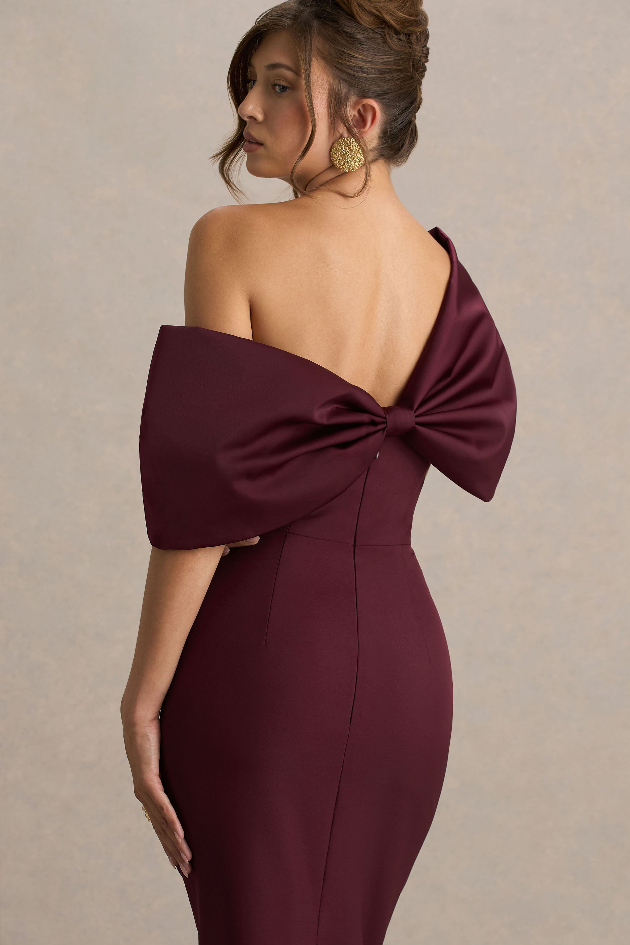 Lucille | Burgundy Asymmetric Bardot Midi Dress With Bow Detail-Sowoom
