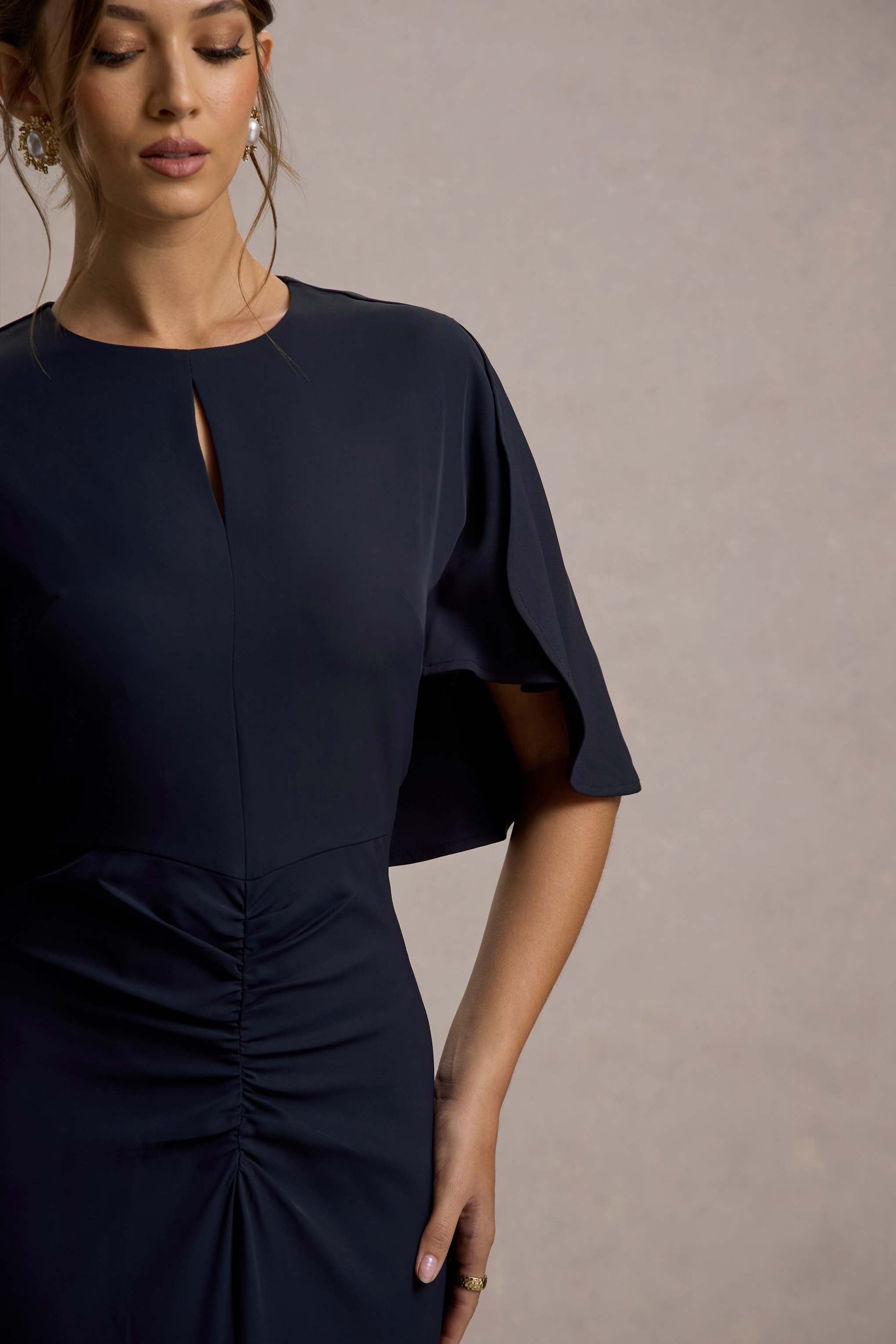 Allison | Navy High-Neck Maxi Dress With Cape-Sowoom