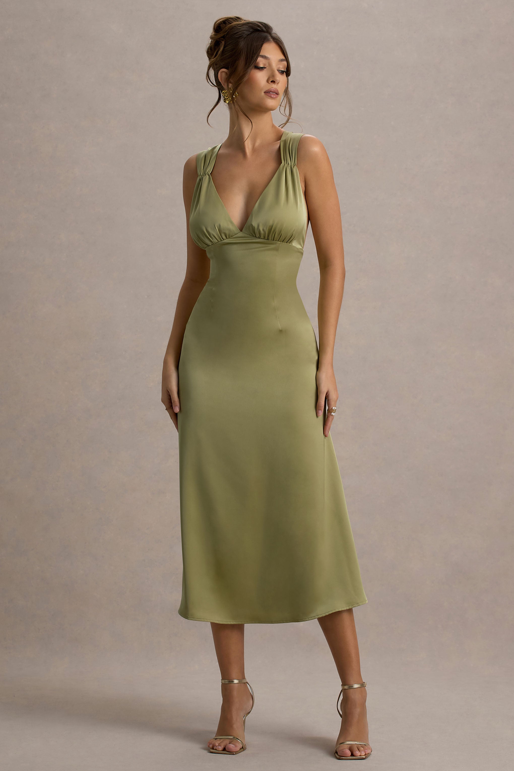 Beck | Light Green Satin Plunge-Neck Cross-Back Midi Dress-Sowoom
