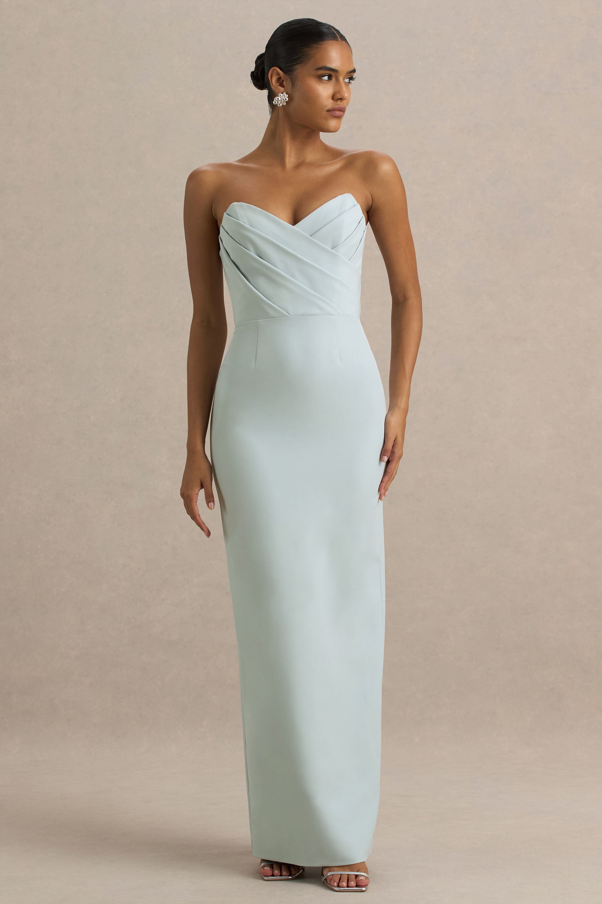Fierce | Light Blue Asymmetric Ruched Maxi Dress-Sowoom