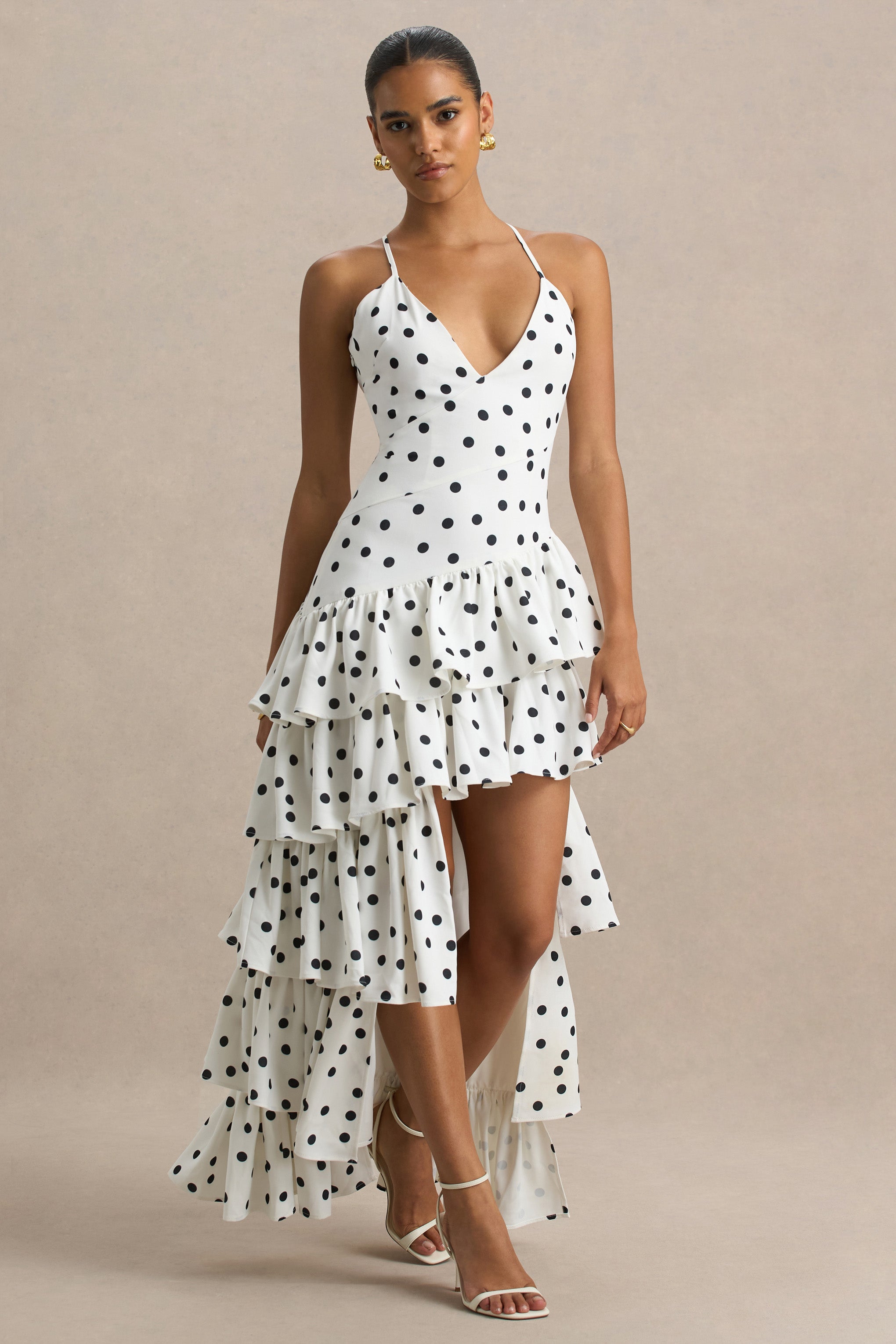 Bogota | Polka Dot Plunge-Neck Maxi Dress With Ruffling Details And Front High Split-Sowoom