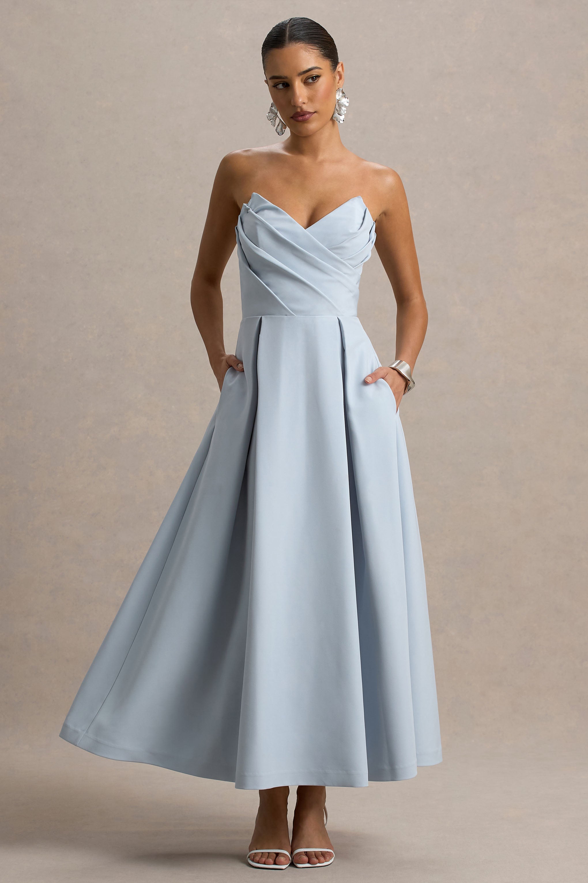 Reigning Beauty | Powder Blue Sweetheart Midi Dress With Volume Hem-Sowoom