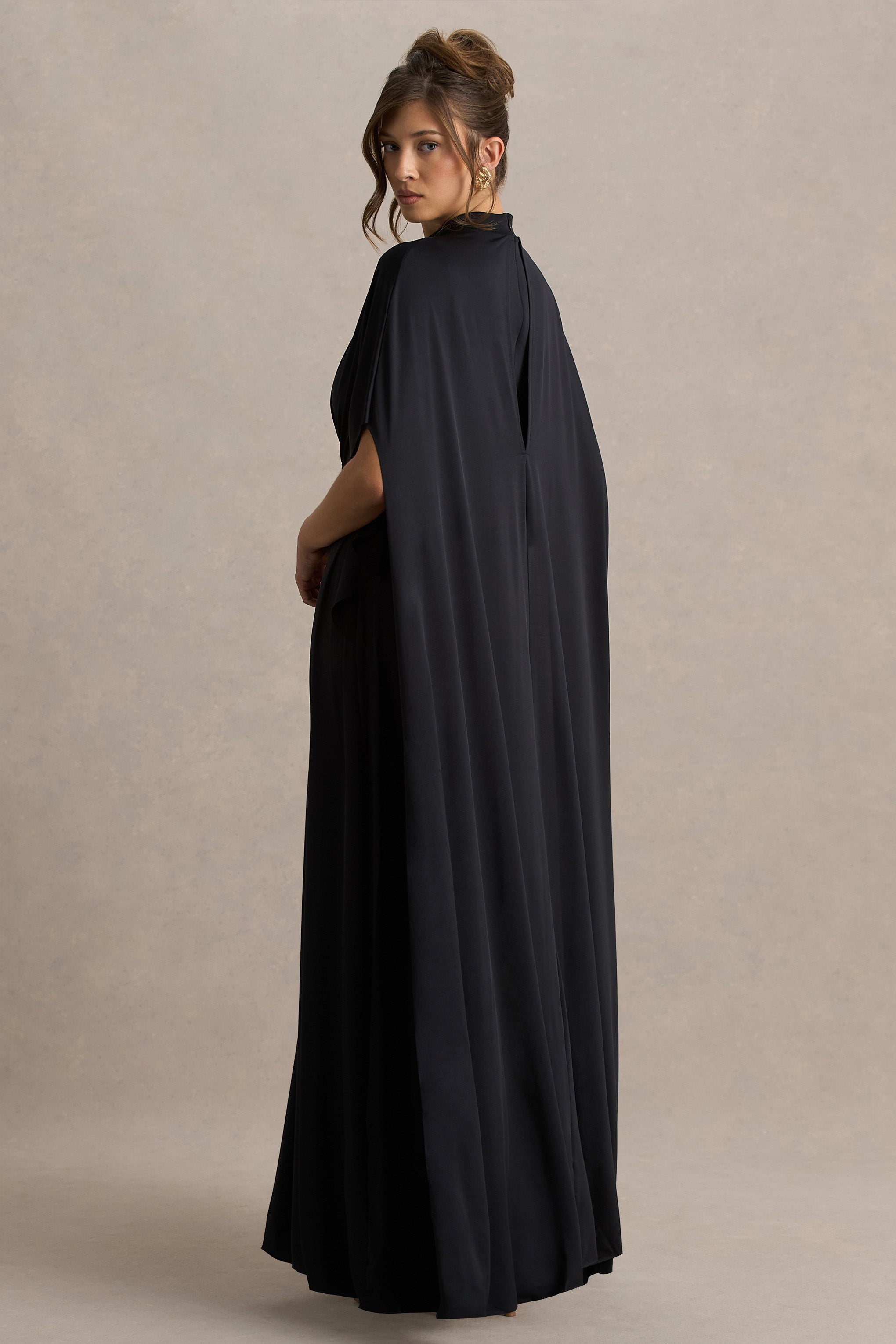 Olessia | Black Belted Gathered Cape-Sleeve Maxi Dress-Sowoom