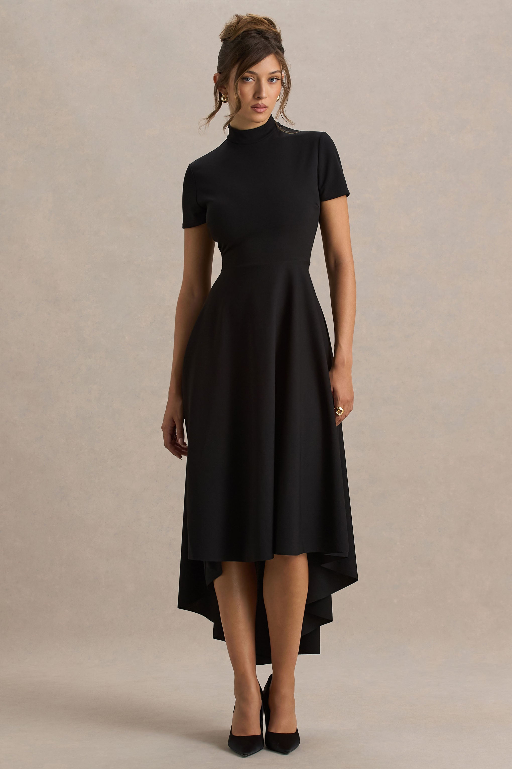 Bellona | Black High-Neck High-Low Midi Dress-Sowoom