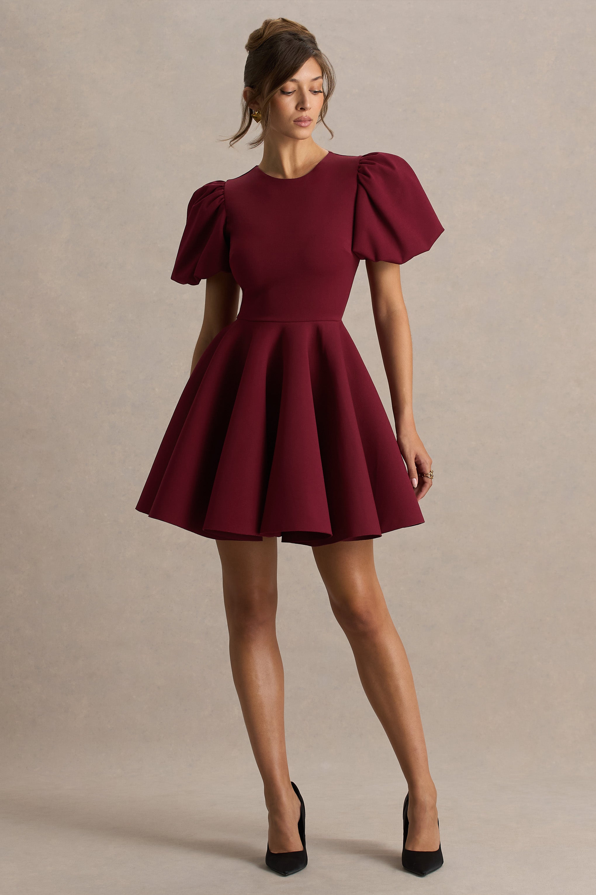 Emelia | Burgundy Puff-Sleeve Skater Mini Dress-Sowoom