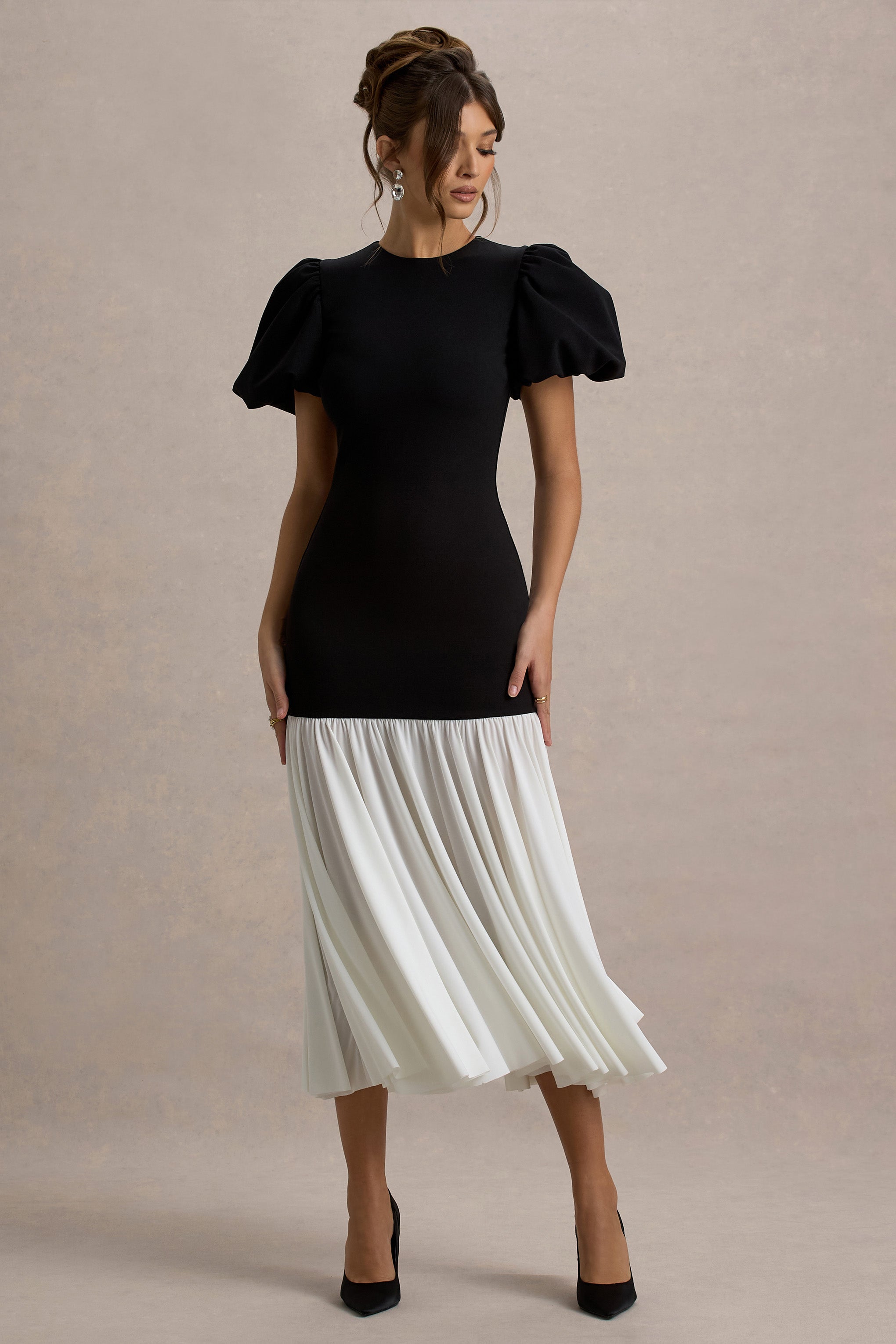 Cinzia | Black & White Puff-Sleeve Volume-Hem Midi Dress-Sowoom