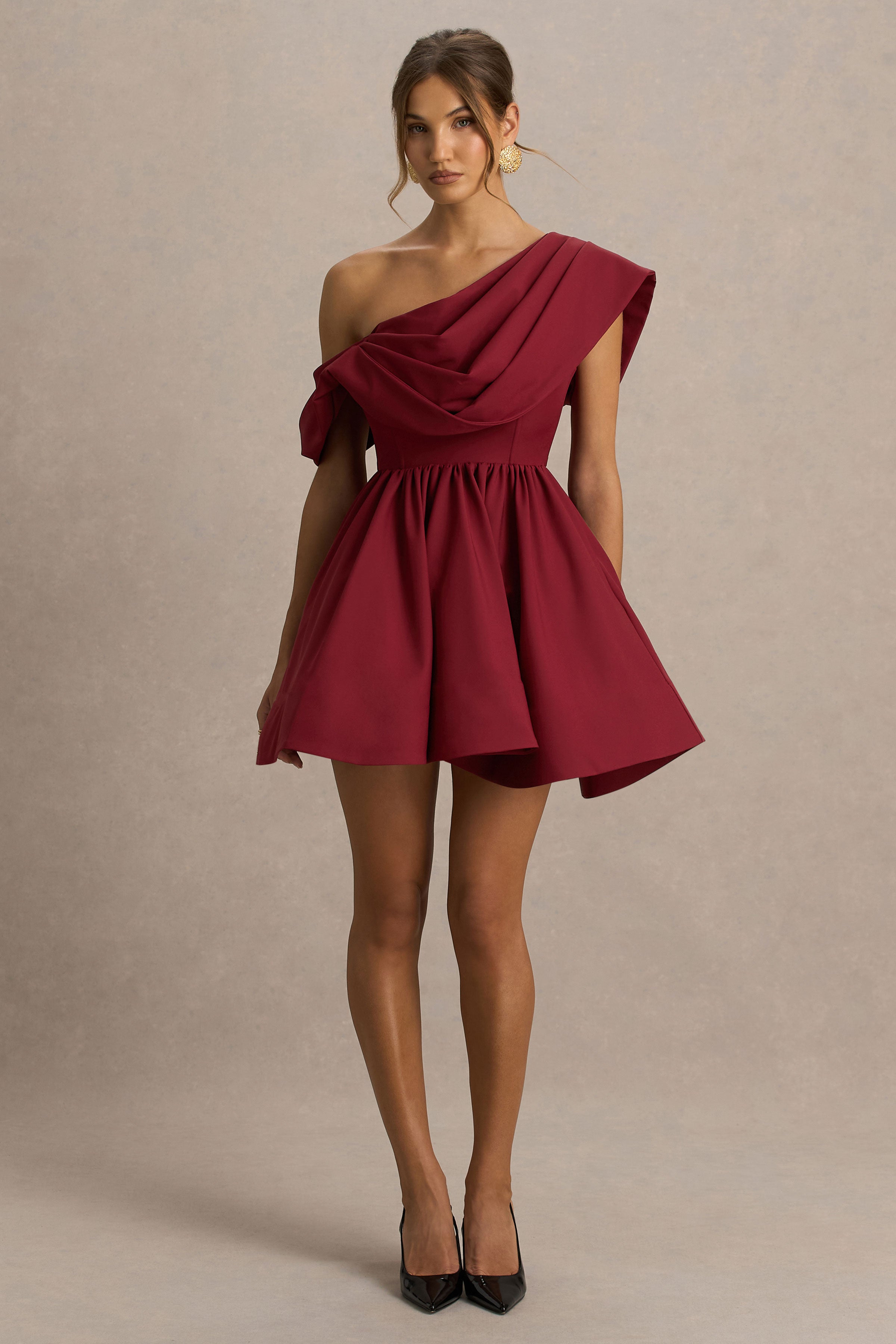 Verona | Burgundy  Draped Asymmetric-Neck Skater Mini Dress-Sowoom