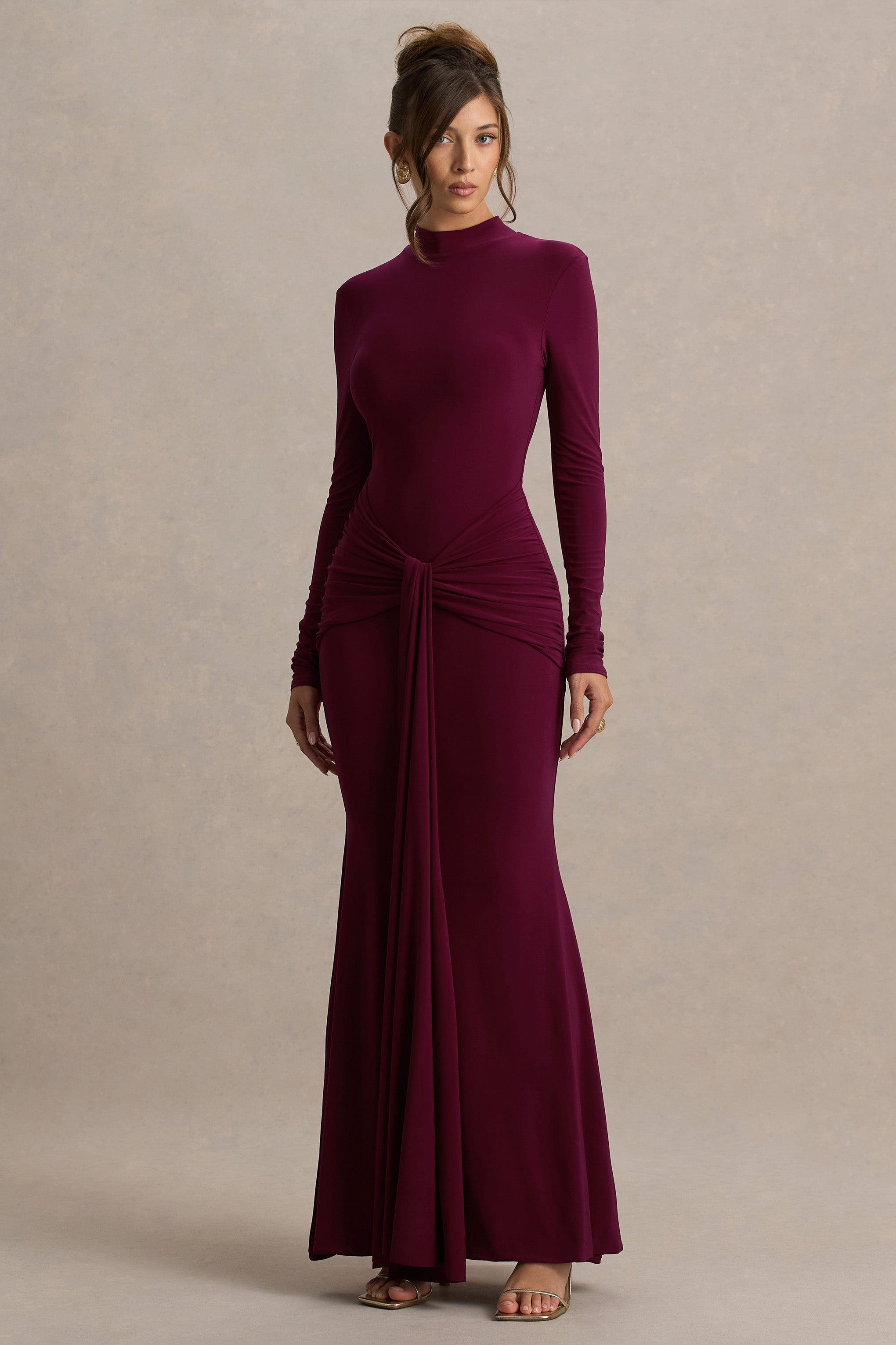 Pietra | Berry High-Neck Long Sleeve Knot Maxi Dress-Sowoom