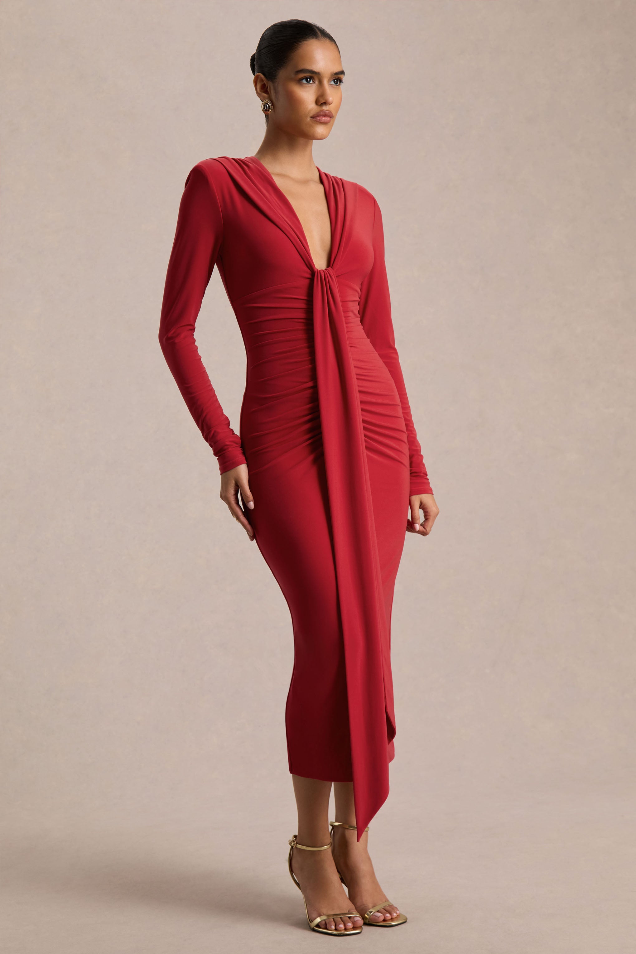 Ivara | Red Plunge-Neck Maxi Dress With Ruched Detailing And Sash-Sowoom