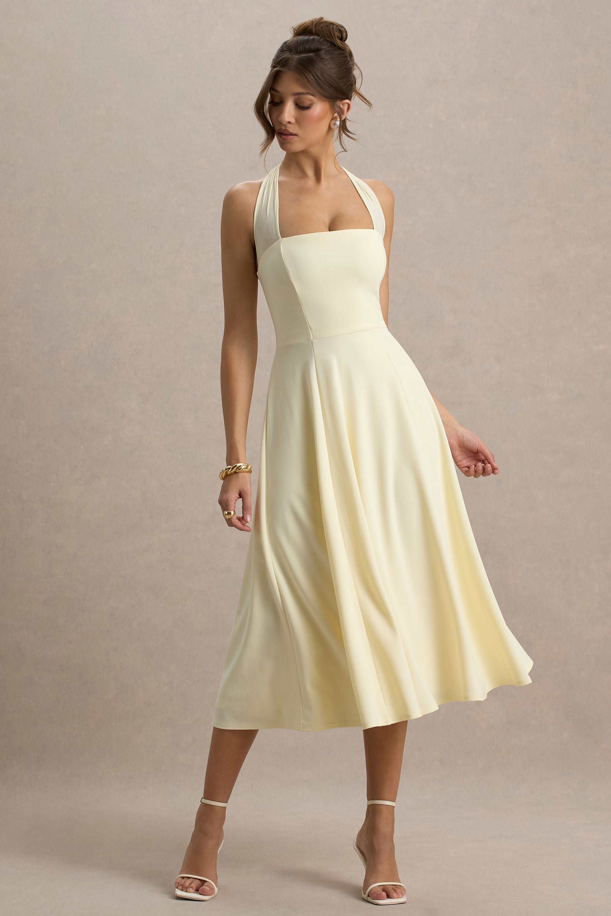 Auburn | Pale Lemon Halter-Neck Midi Dress-Sowoom