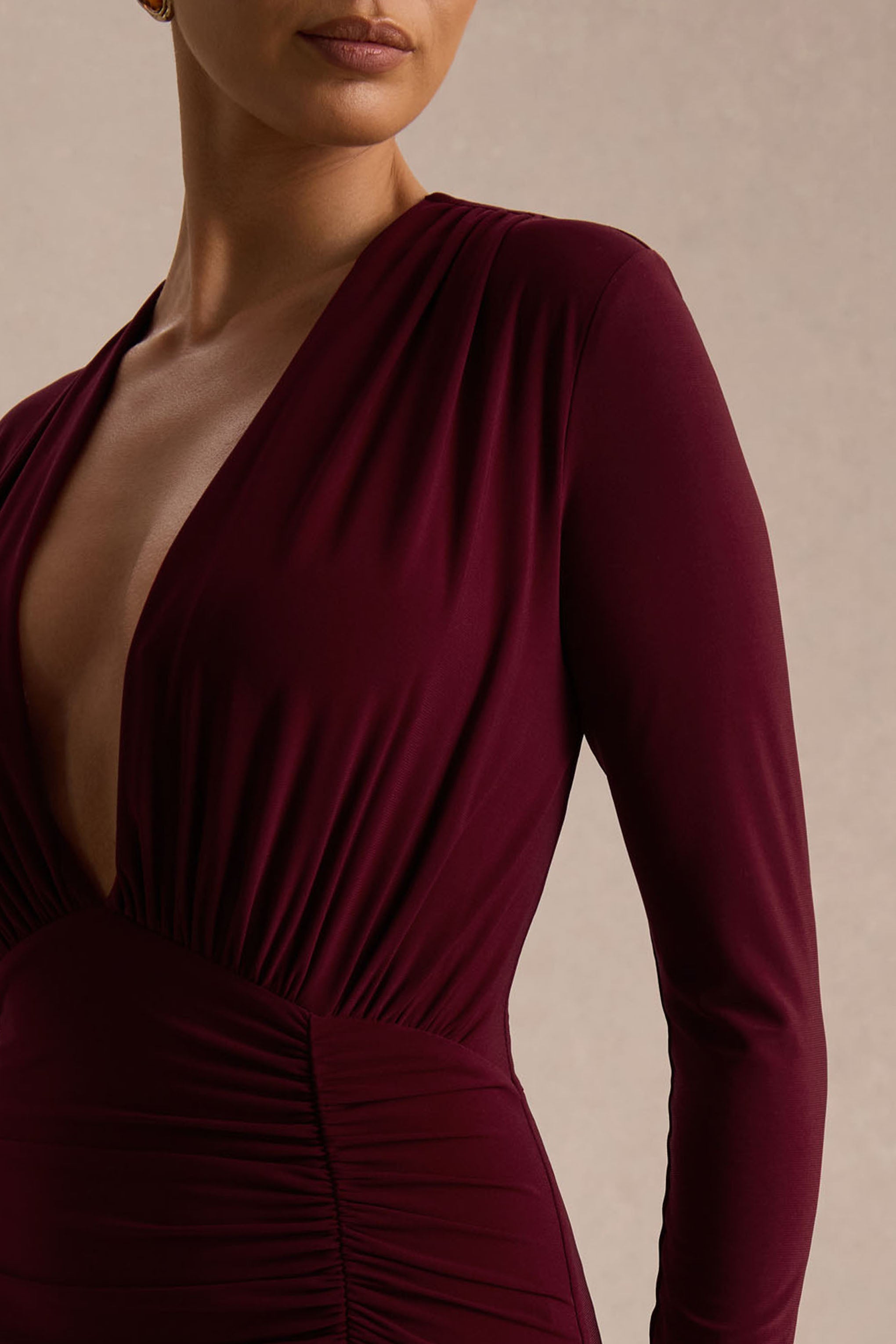 Command | Burgundy Plunge-Neck Maxi Dress With Front-High Split-Sowoom