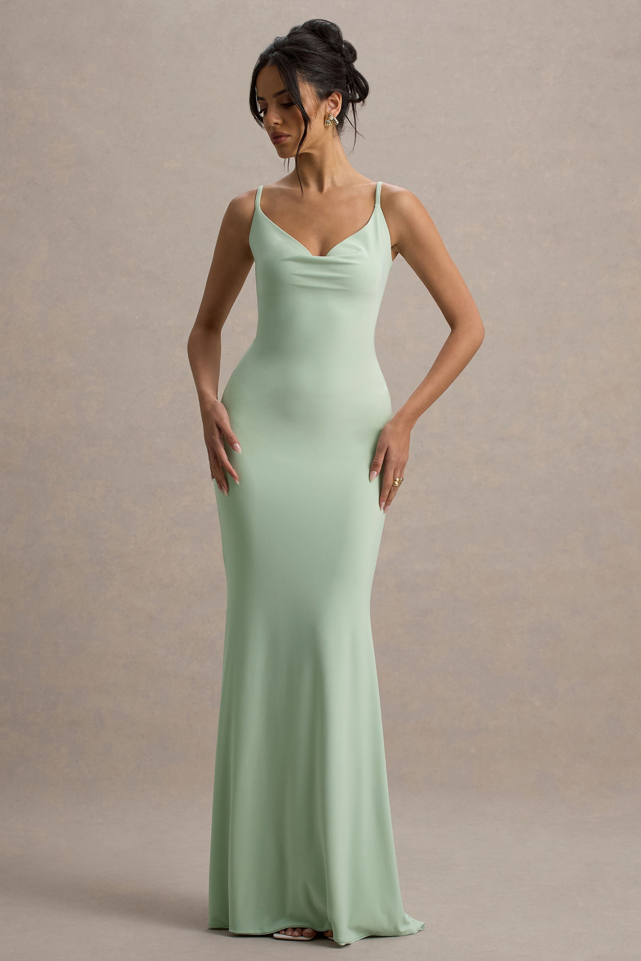 Francoise | Light Green Cowl Neck Backless Maxi Dress With Lace Insert-Sowoom