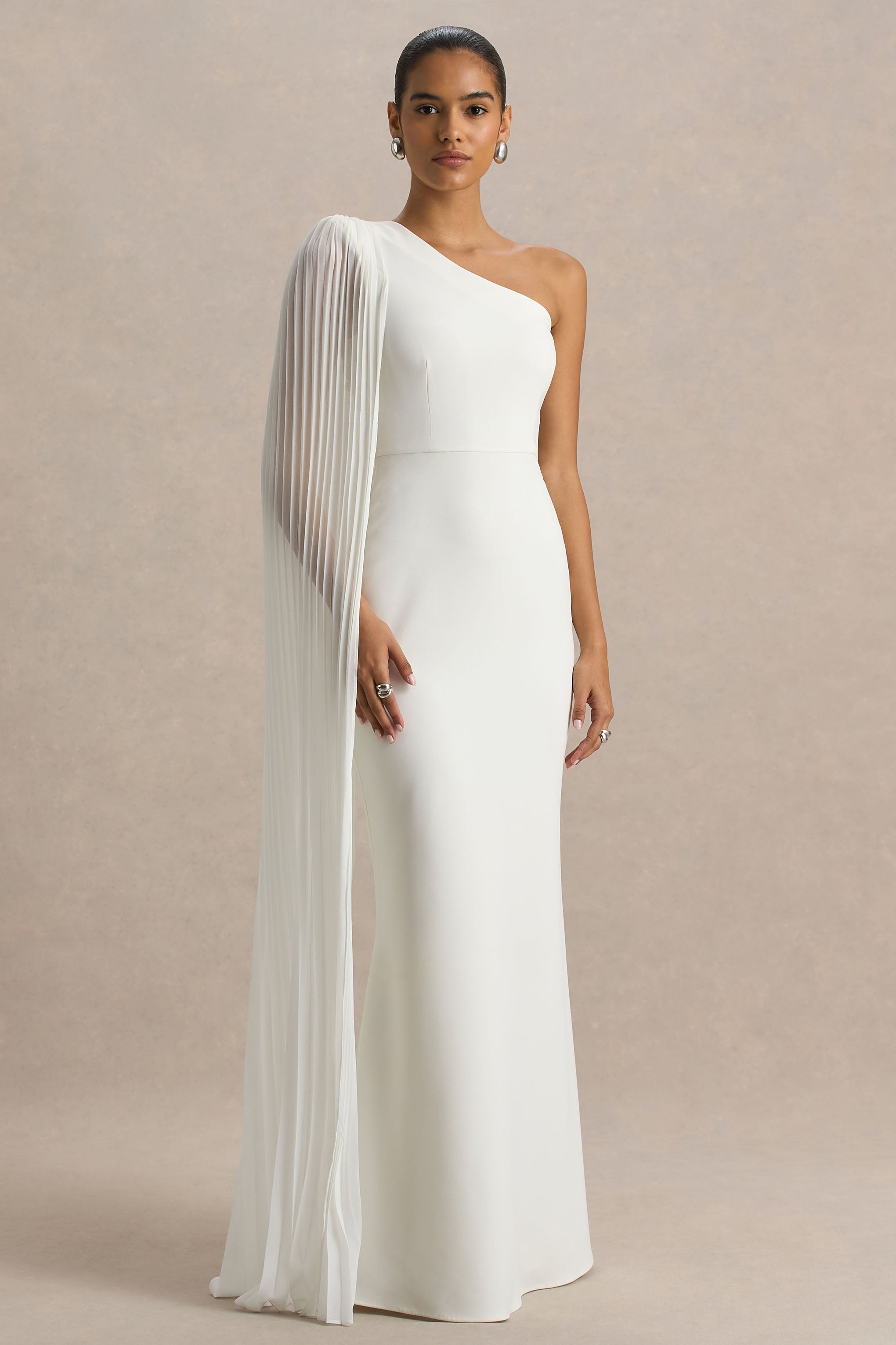 Athens | White Asymmetric-Neck Maxi Dress With Cape Sleeve Detail-Sowoom