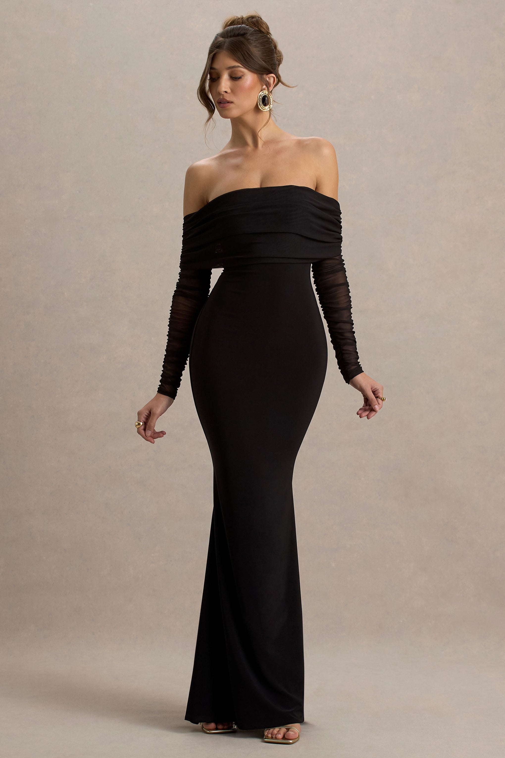 Madeleine | Black Fishtail Maxi Dress With Bardot Mesh Long Sleeves-Sowoom