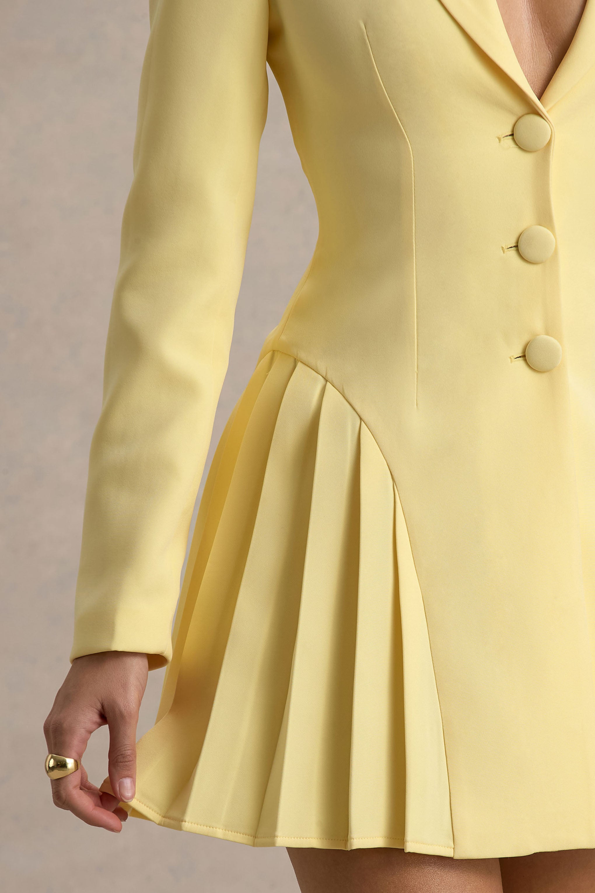Blossoming | Lemon Plunge-Neck Tailored Mini Dress With Pleating-Sowoom