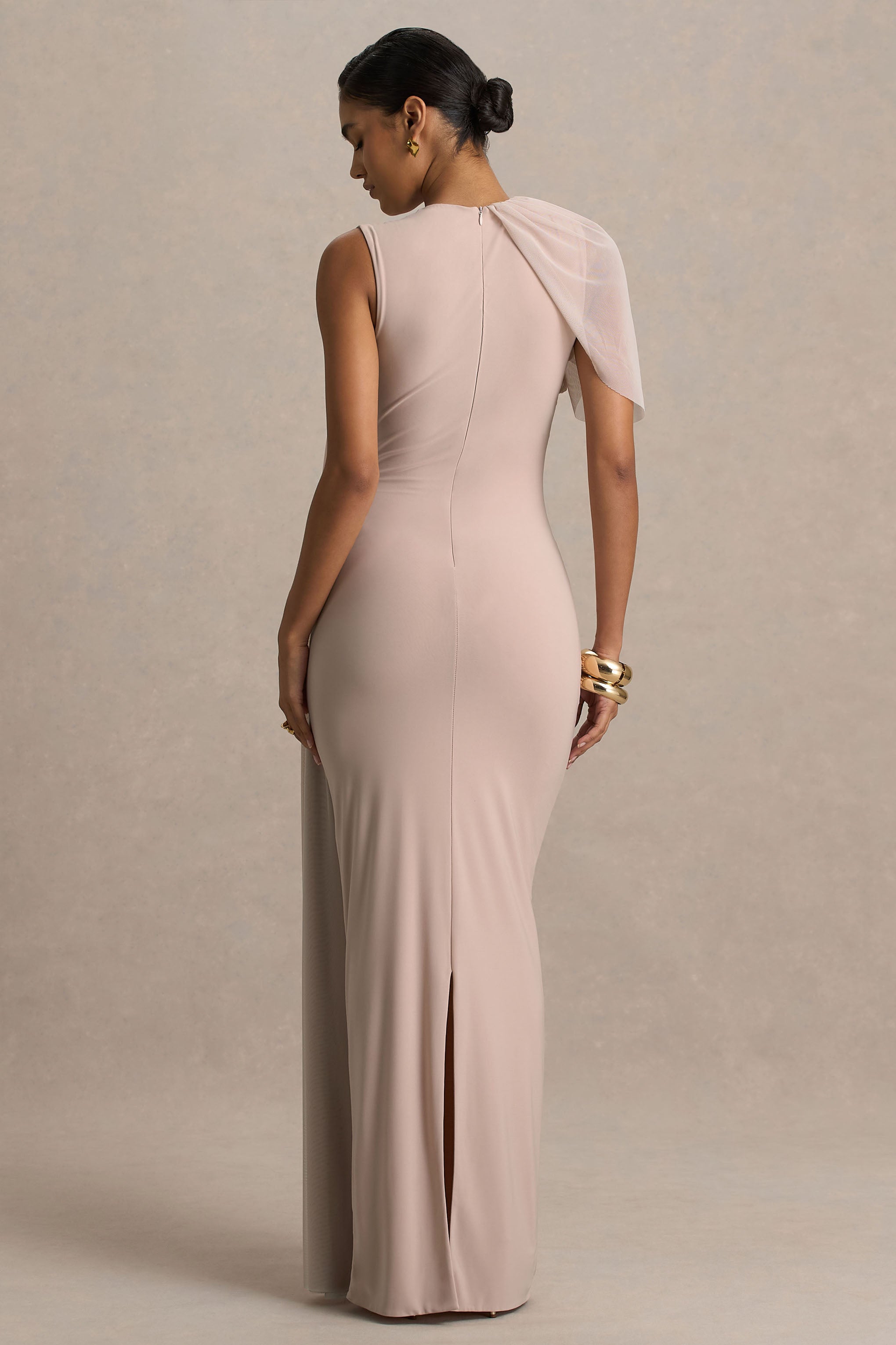 Brenda | Champagne Crew-Neck Maxi Dress With Mesh Cape And Sash-Sowoom