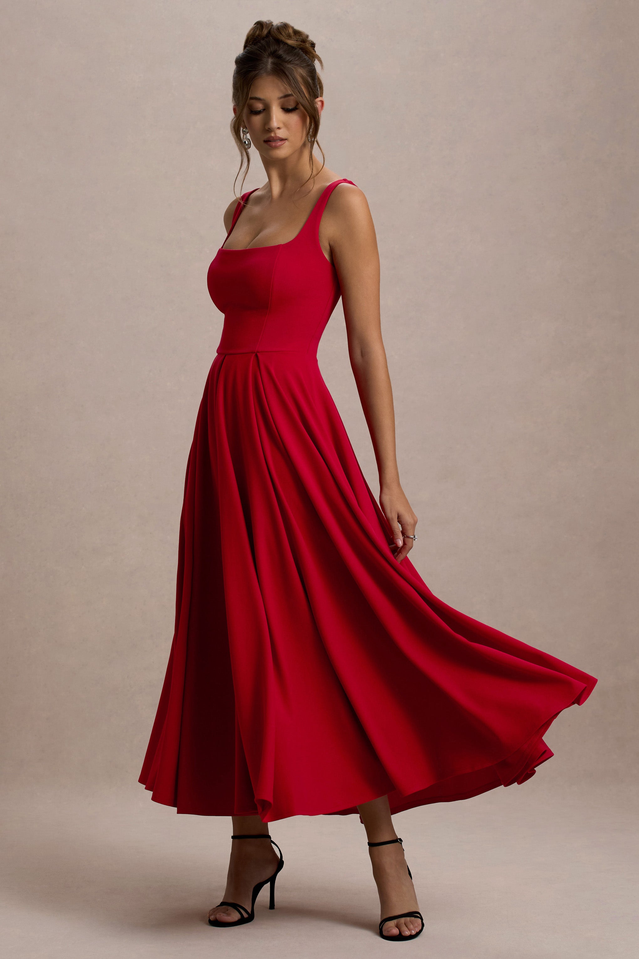 Parina | Red Strappy Volume-Hem Midi Dress-Sowoom