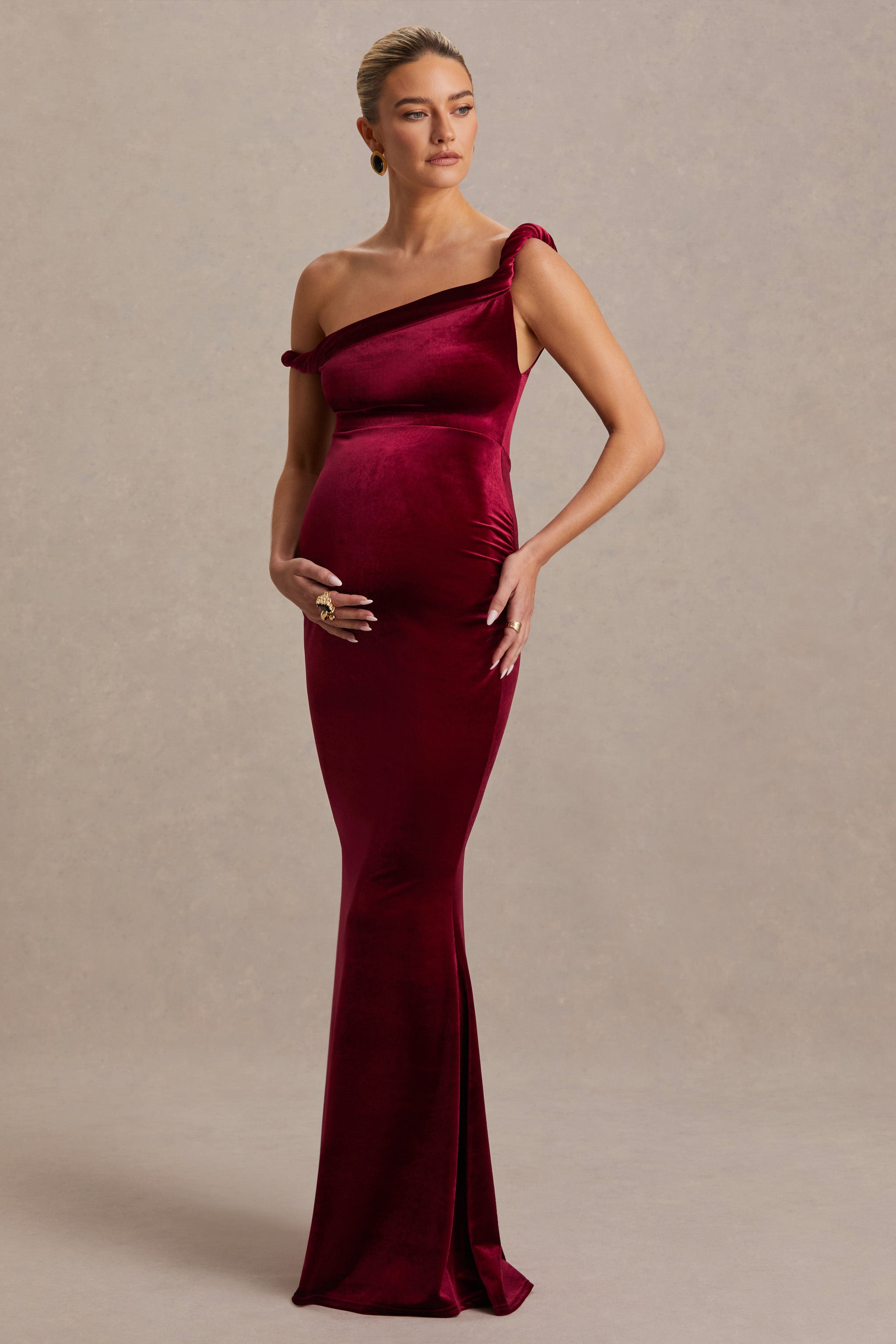 Tallulah | Burgundy Velvet Asymmetric-Neck Maternity Maxi Dress With Twist-Sleeve-Sowoom
