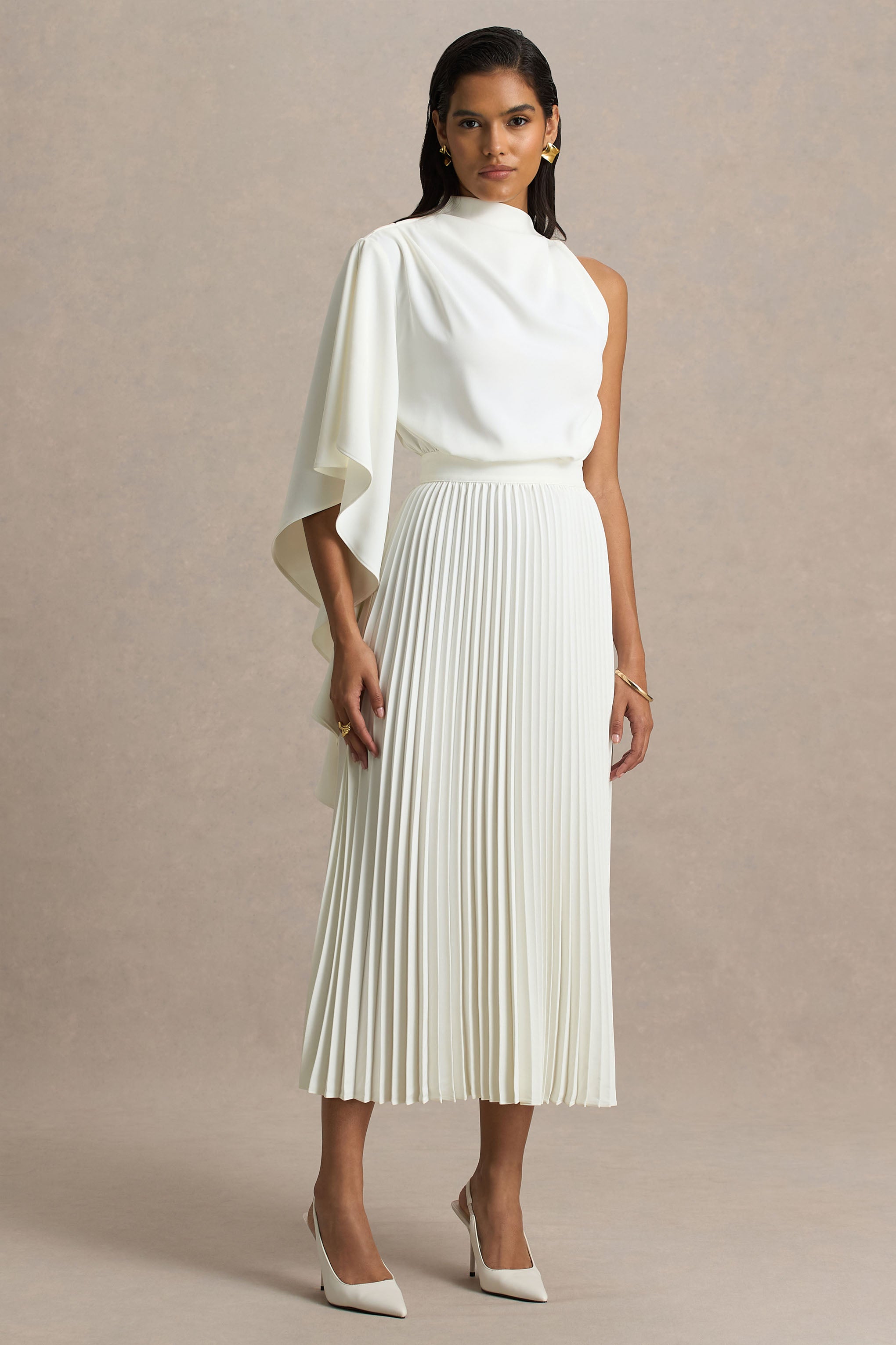 Jimena | Cream High-Neck Midi Dress With One-Long Sleeve And Pleated Detailing-Sowoom