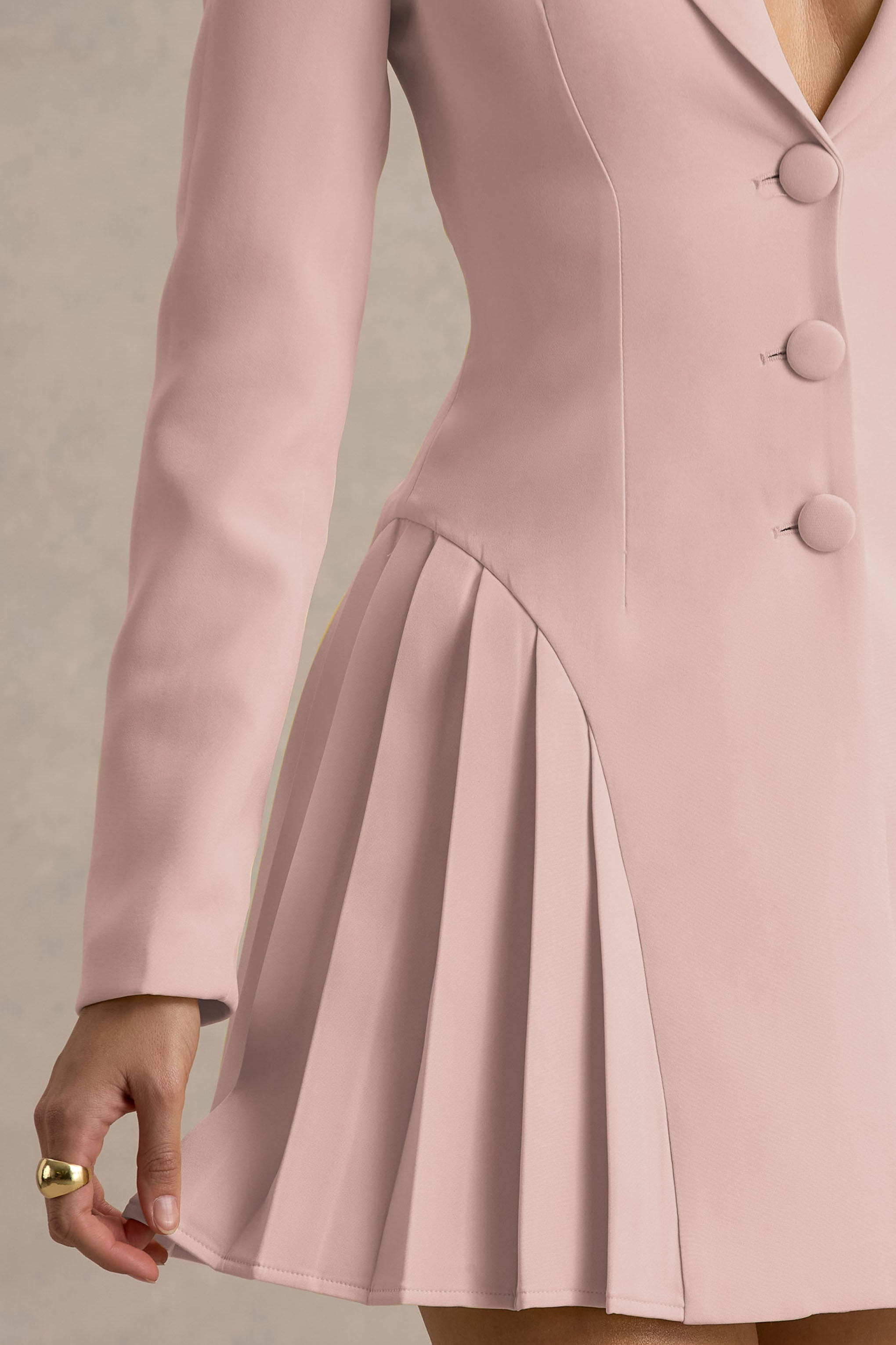 Blossoming | Baby Pink Plunge-Neck Tailored Mini Dress With Pleating-Sowoom