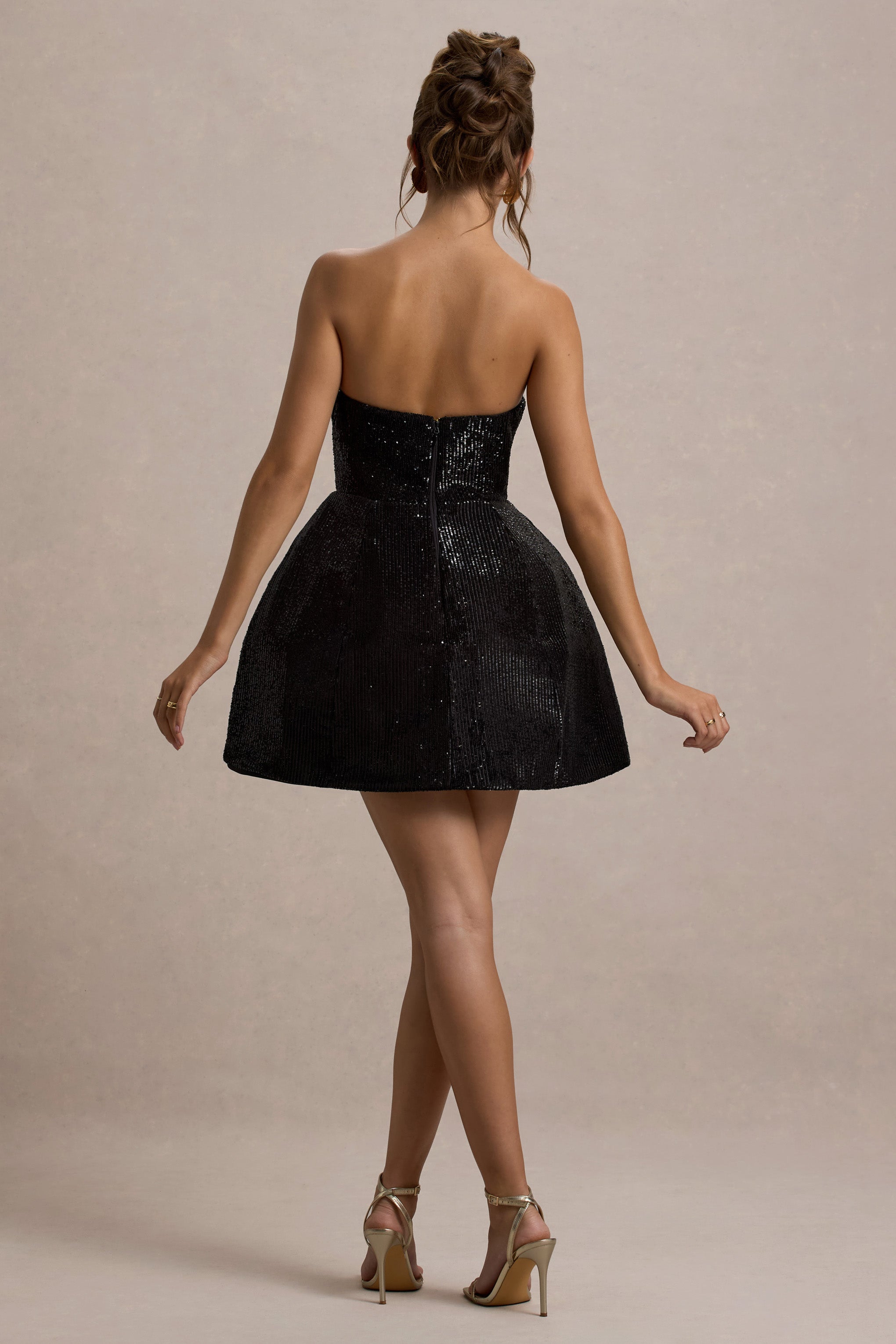 Clarabell | Black Sequin Bandeau Structured Mini Dress-Sowoom