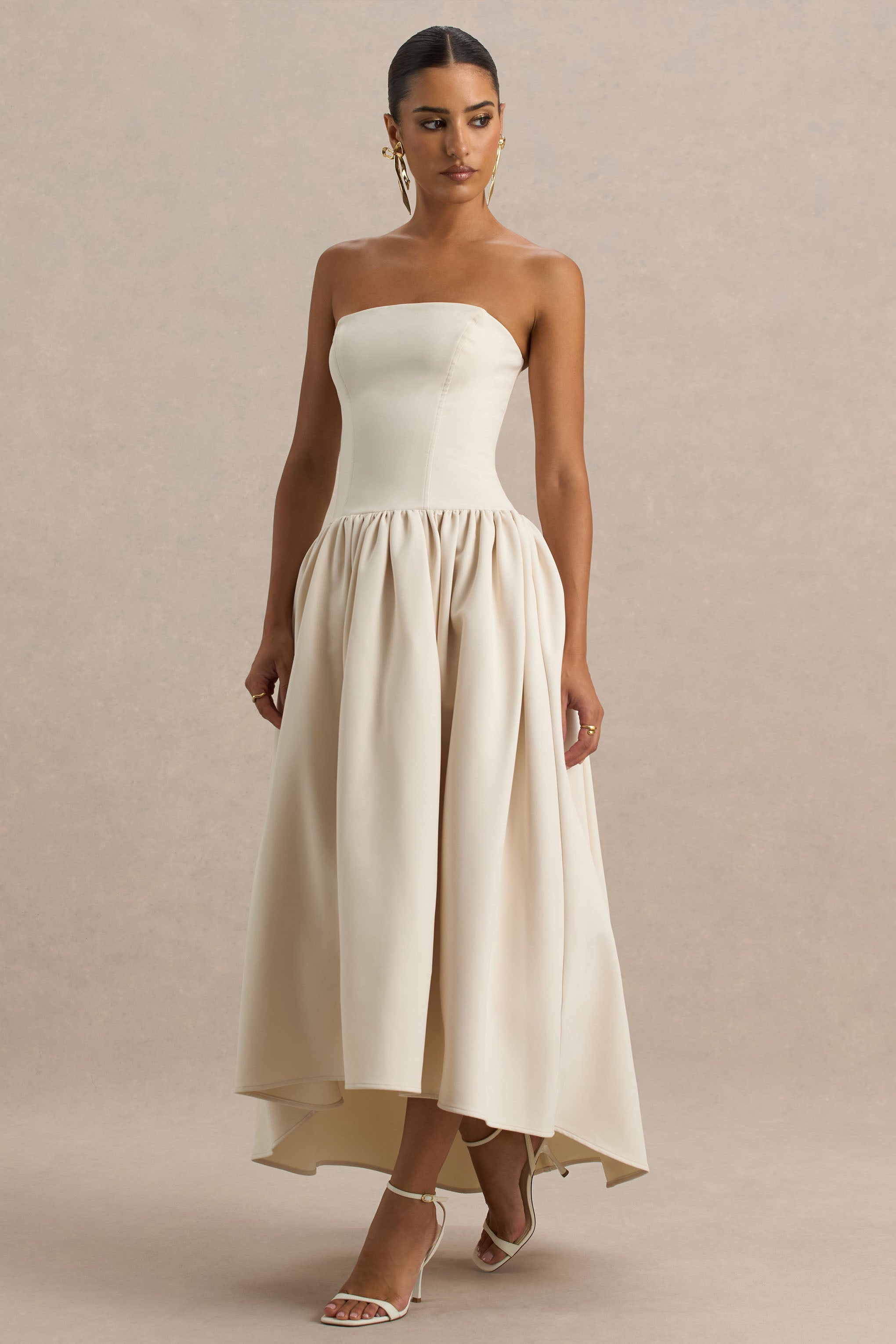 Candice | Cream Bandeau Volume Midi Dress With Back Bow Detail-Sowoom