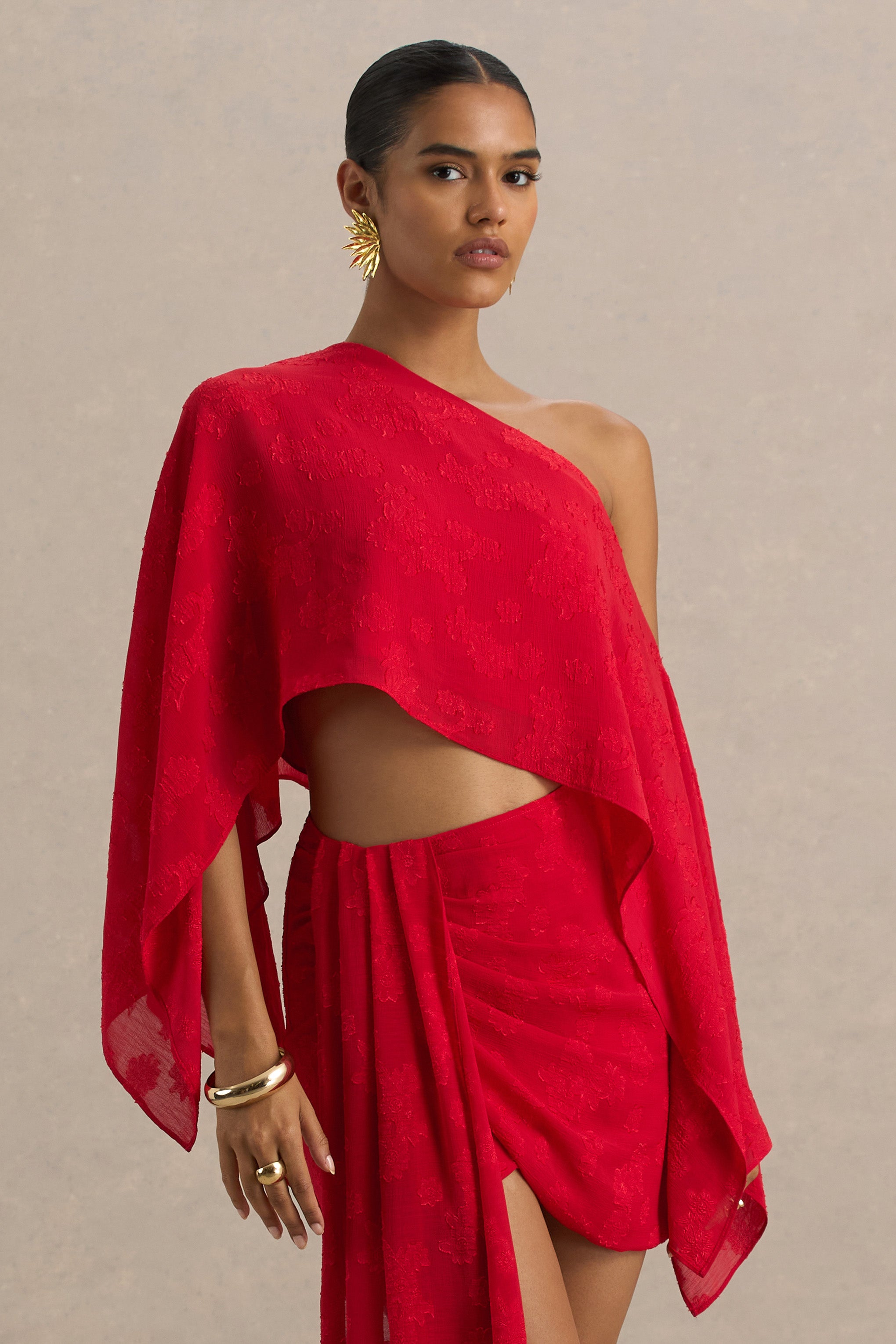 Aruba | Red Satin Devore Asymmetric Long-Sleeve Crop Top-Sowoom