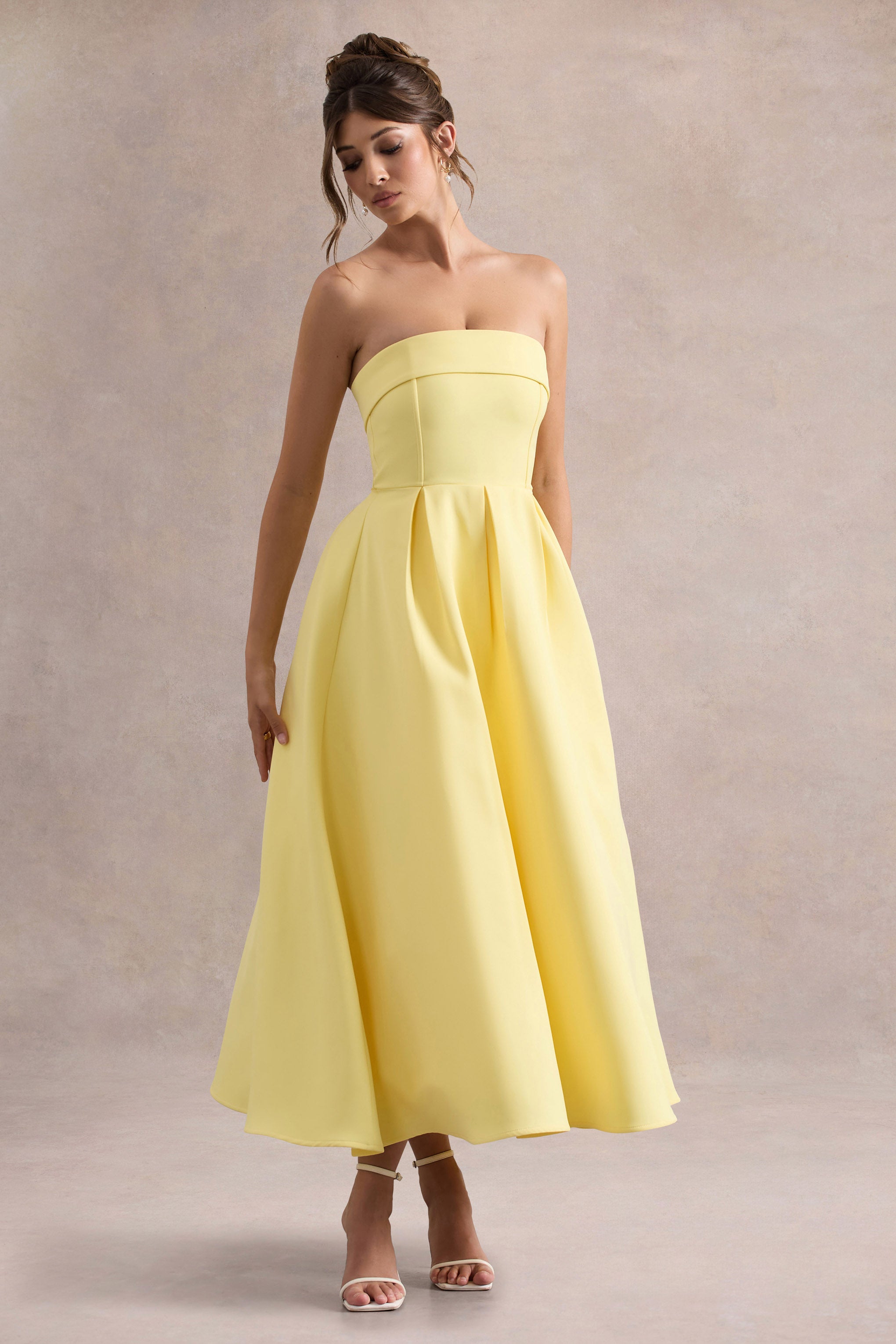 Annalise | Lemon Bandeau Skater Midi Dress-Sowoom