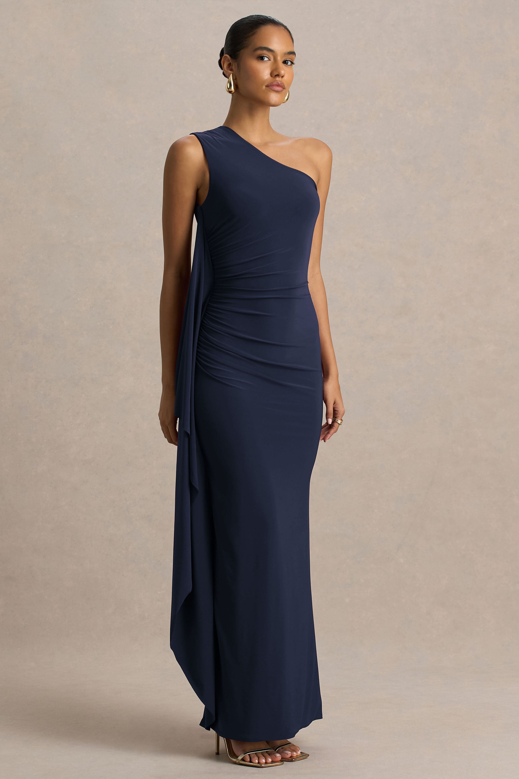 Adelina | Navy One-Shoulder Maxi Dress With Drape-Sowoom