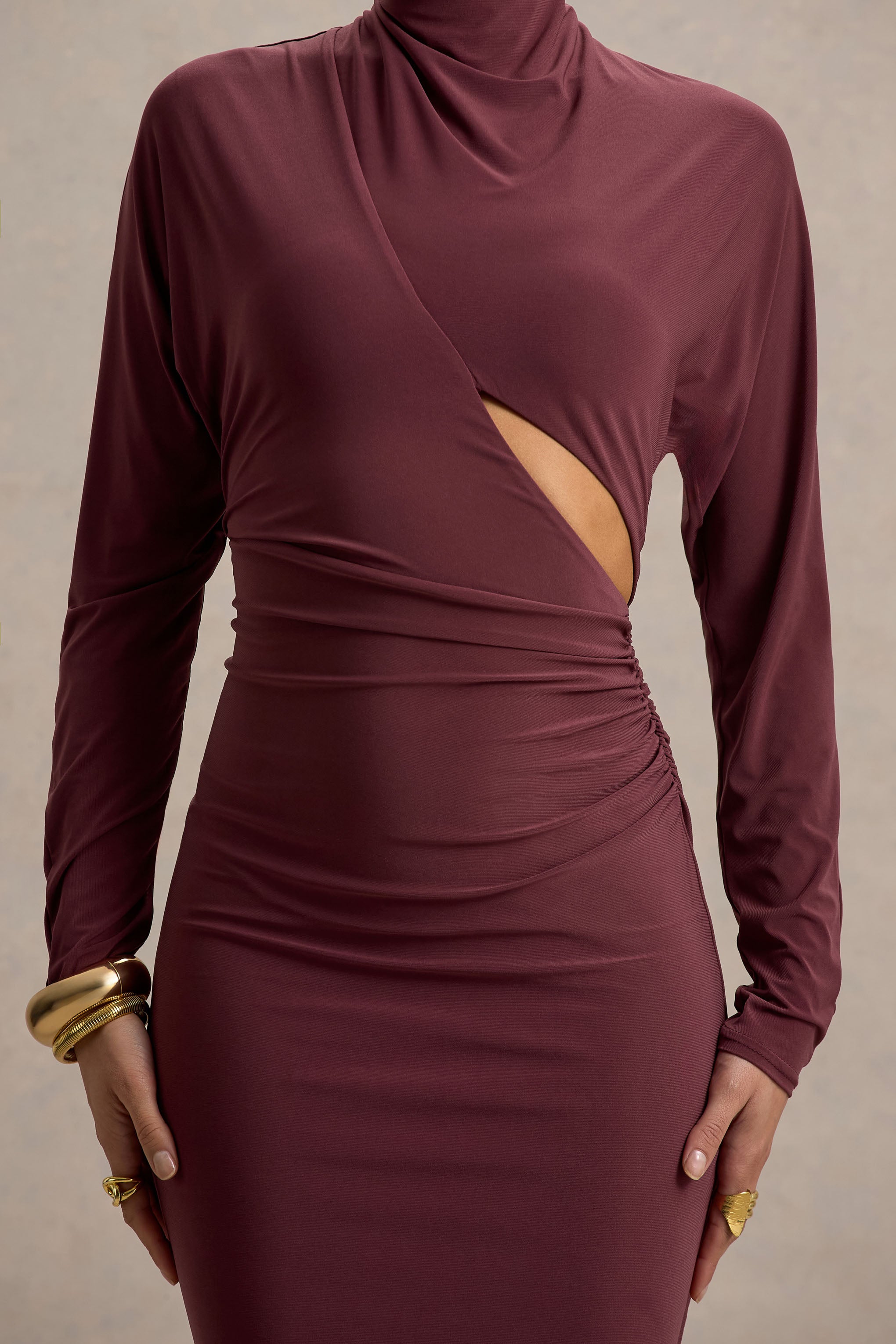 Pandora | Burgundy Long-Sleeve Midi Dress With Cut-Out-Sowoom