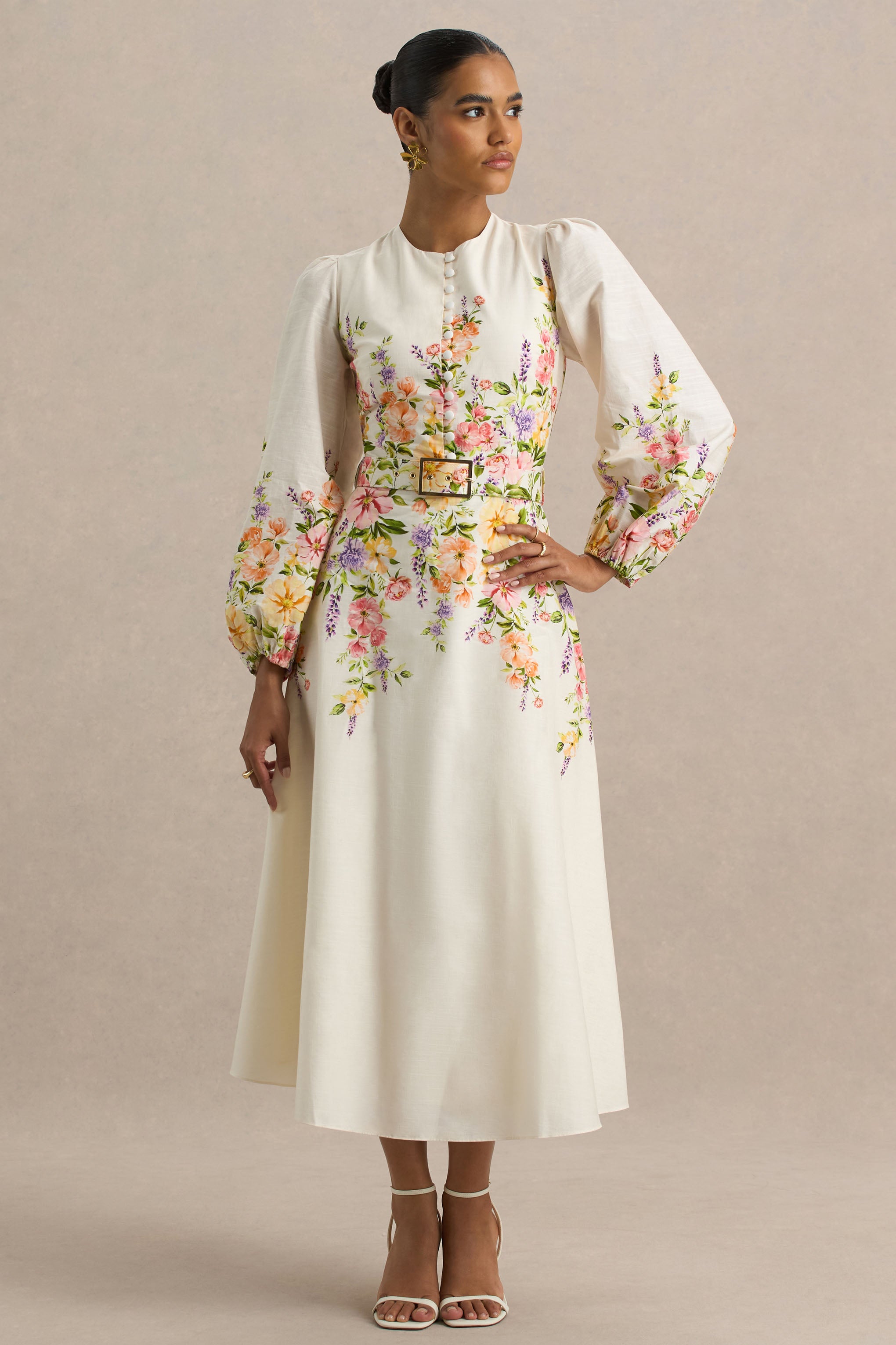 Dahlia | White Floral Border Print High-Neck Midi Dress-Sowoom