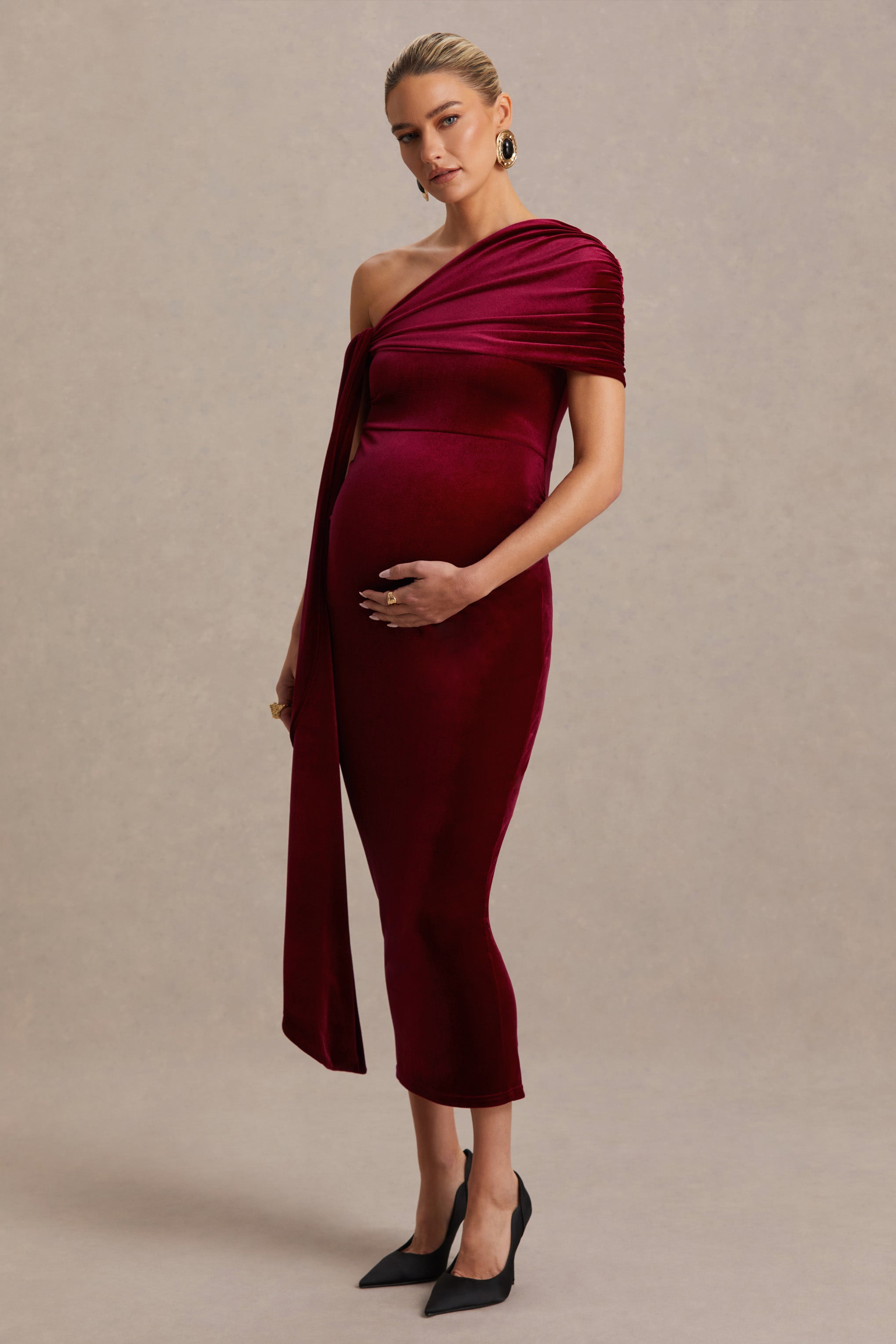 Zena | Burgundy Velvet Asymmetric-Neck Maternity Midi Dress With Knot And Sash Detail-Sowoom