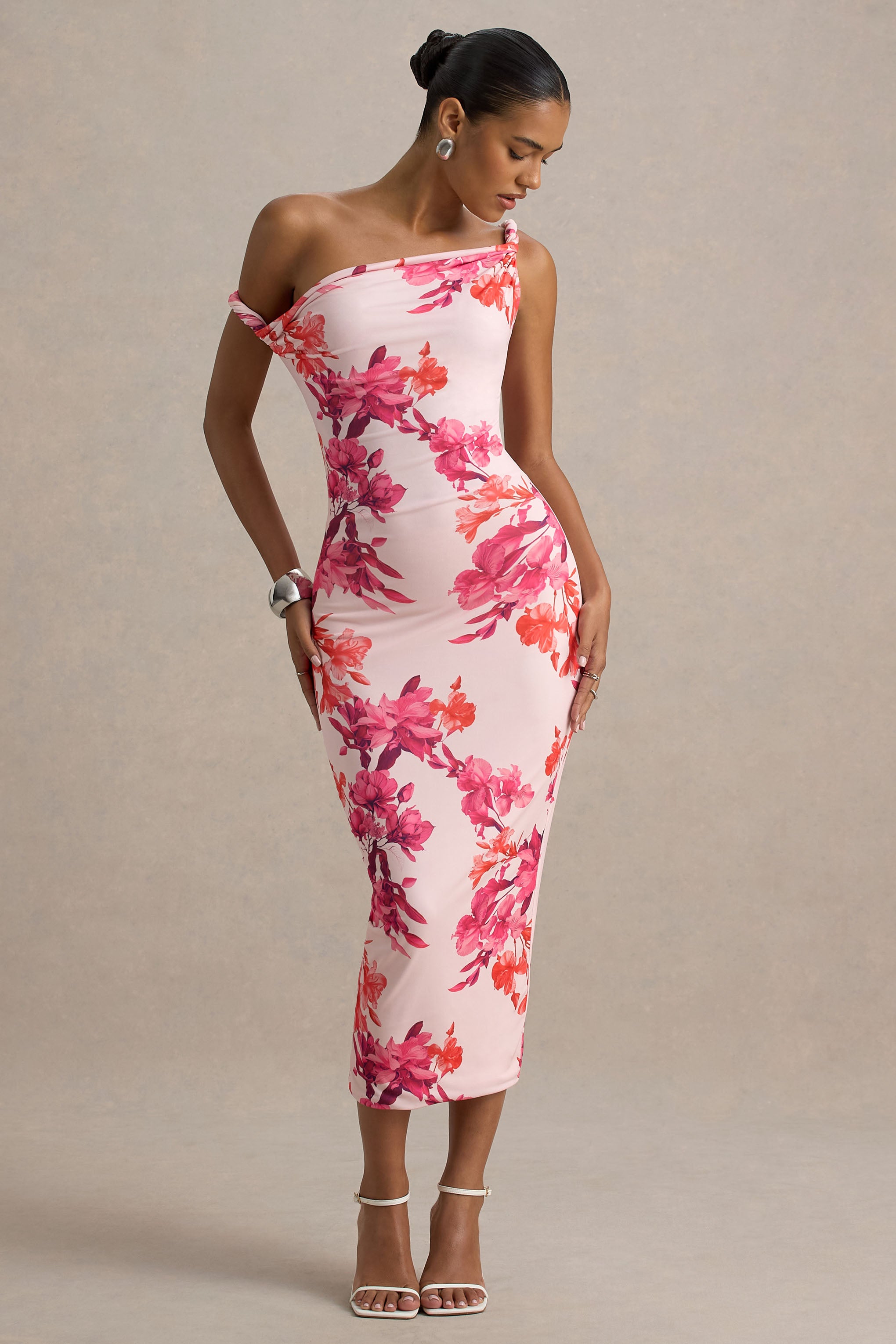 Tatian | Pink and Orange Floral Print Twisted Asymmetric Midi Dress-Sowoom