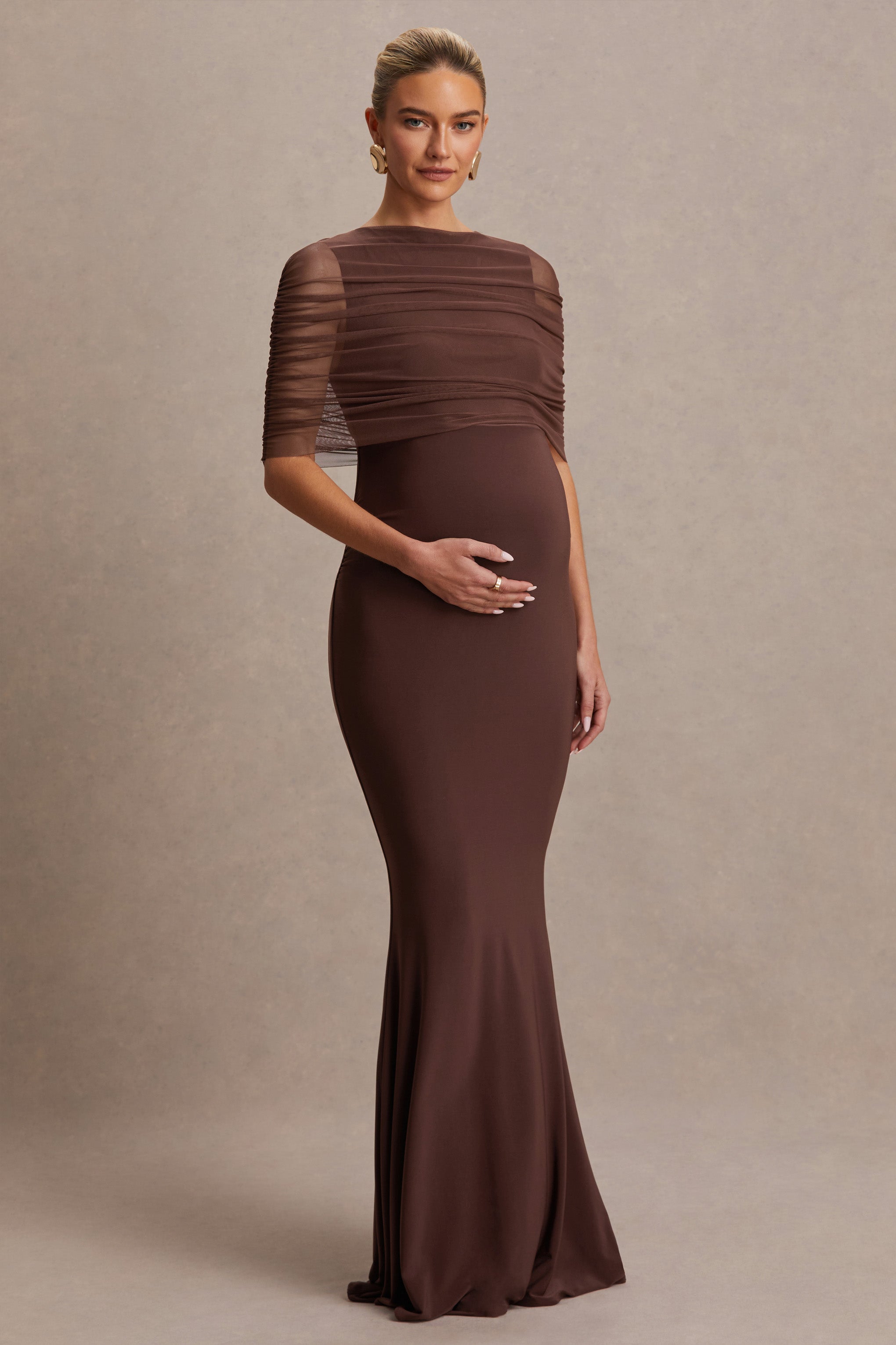 Zaria | Brown Crew-Neck Maternity Maxi Dress With Cape-Overlay-Sowoom