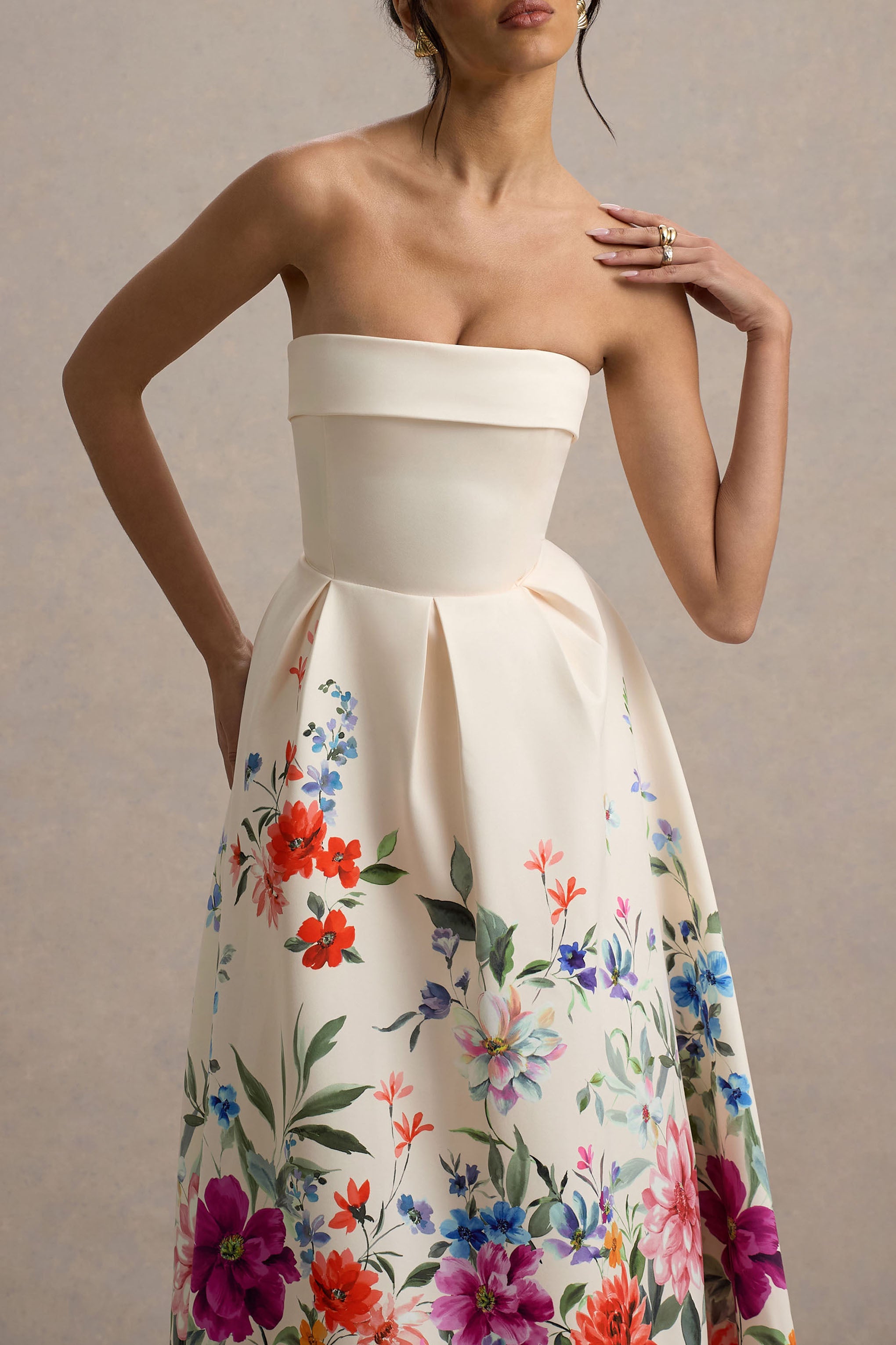 Annalise | Light Pink Floral Print Bandeau Skater Midi Dress-Sowoom