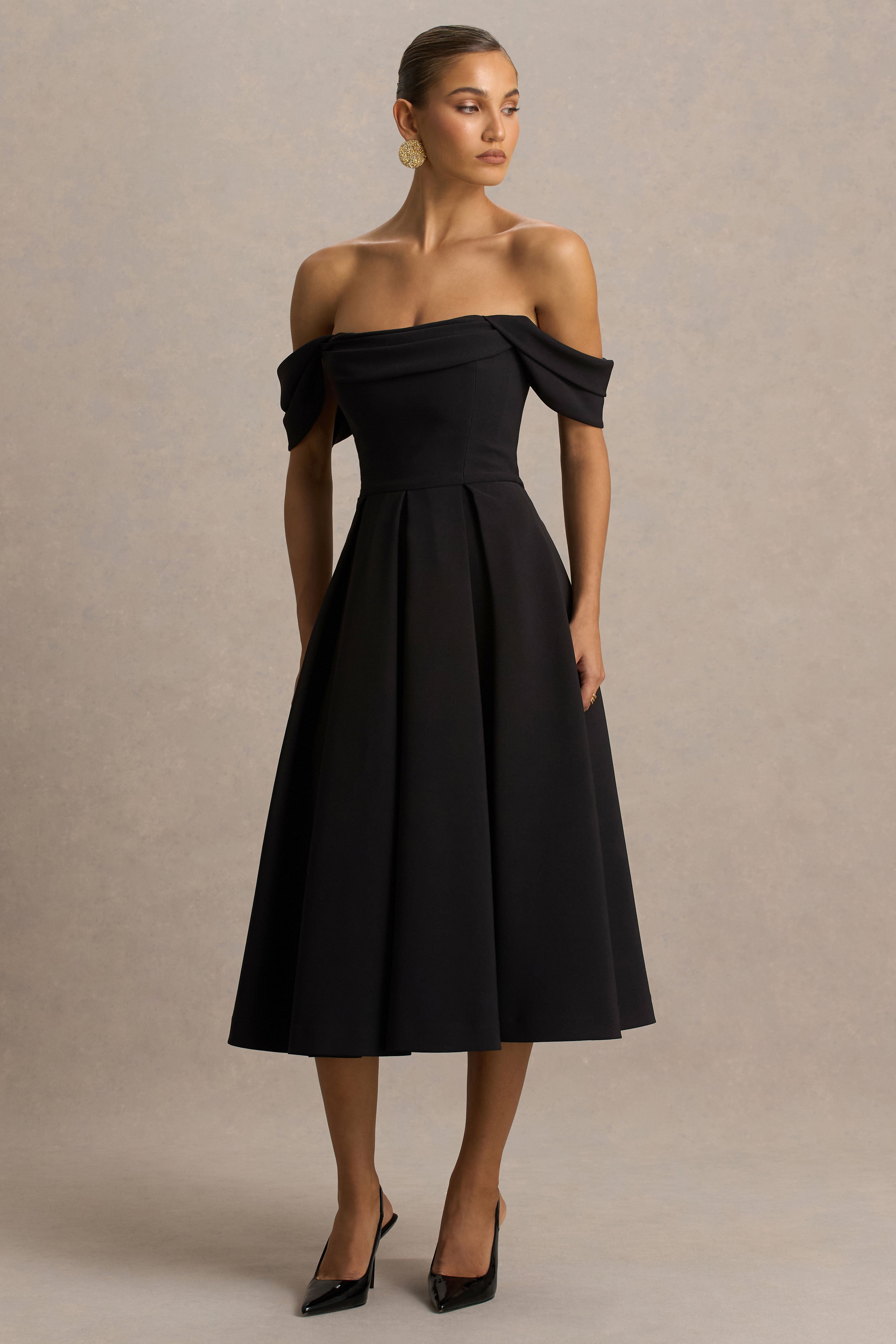 Cosima | Black Bardot-Neck Midi Dress-Sowoom