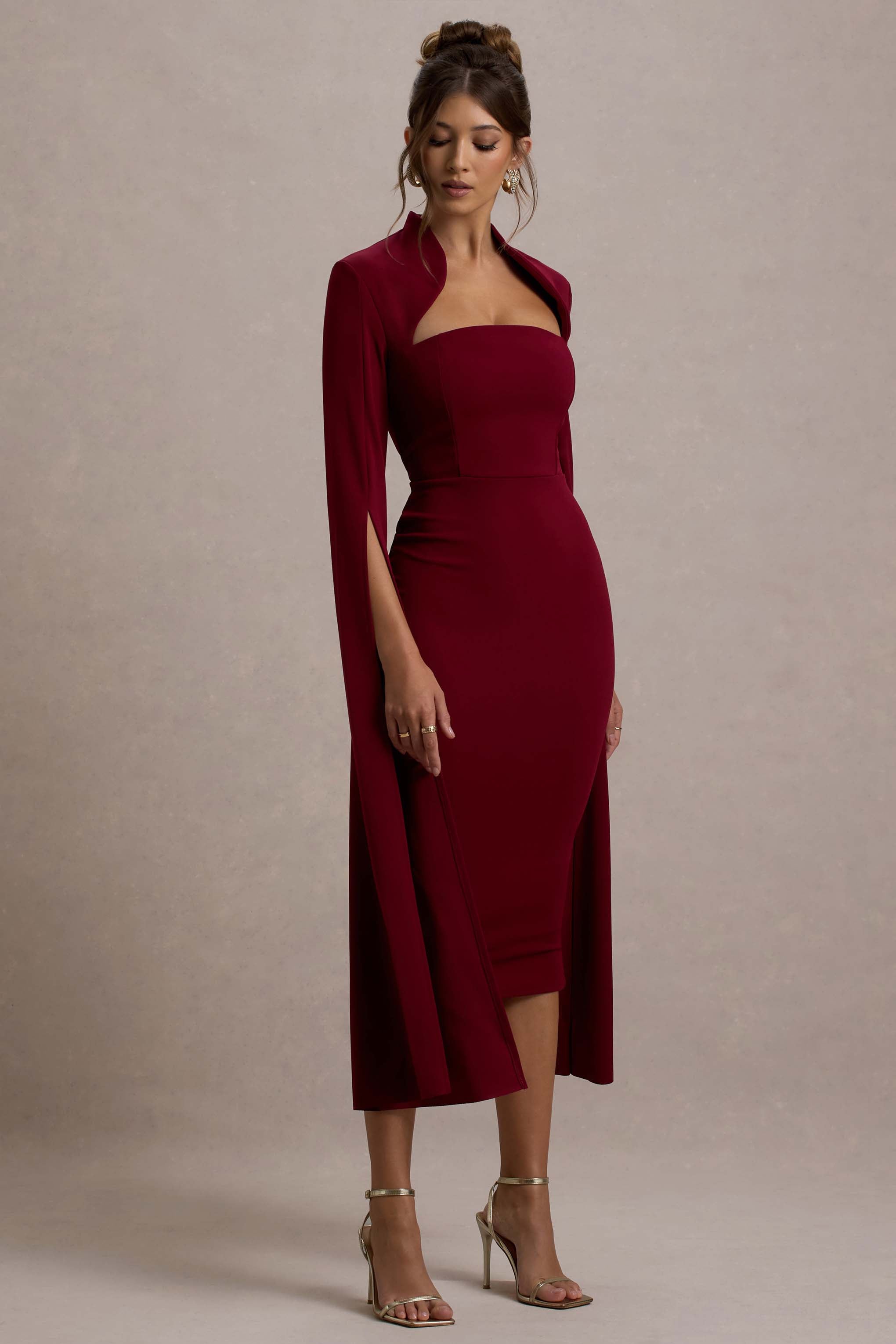 Linden | Berry Bodycon Cape-Sleeve Midi Dress-Sowoom