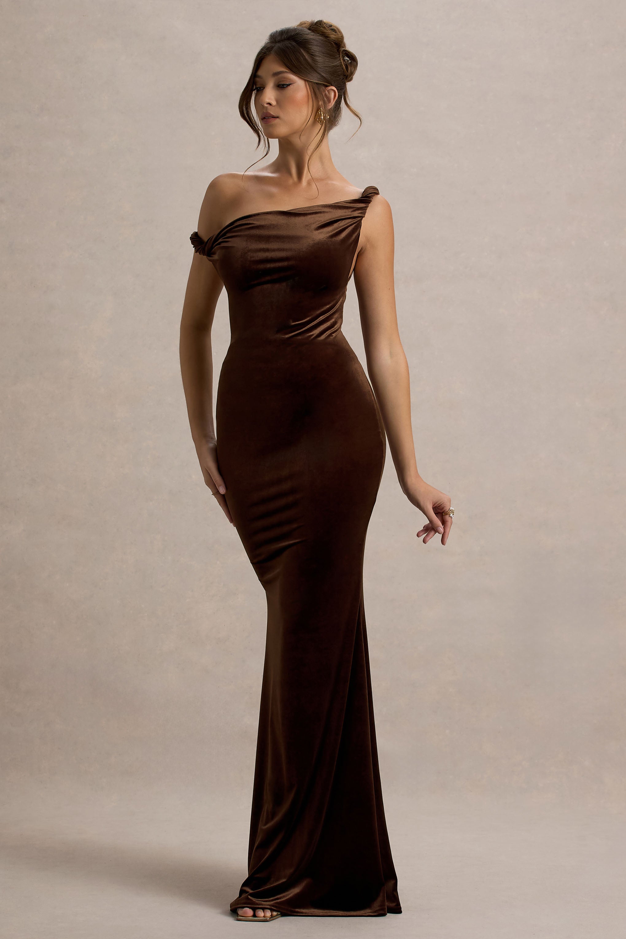 Neeka | Brown Velvet Twisted Asymmetric Maxi Dress-Sowoom