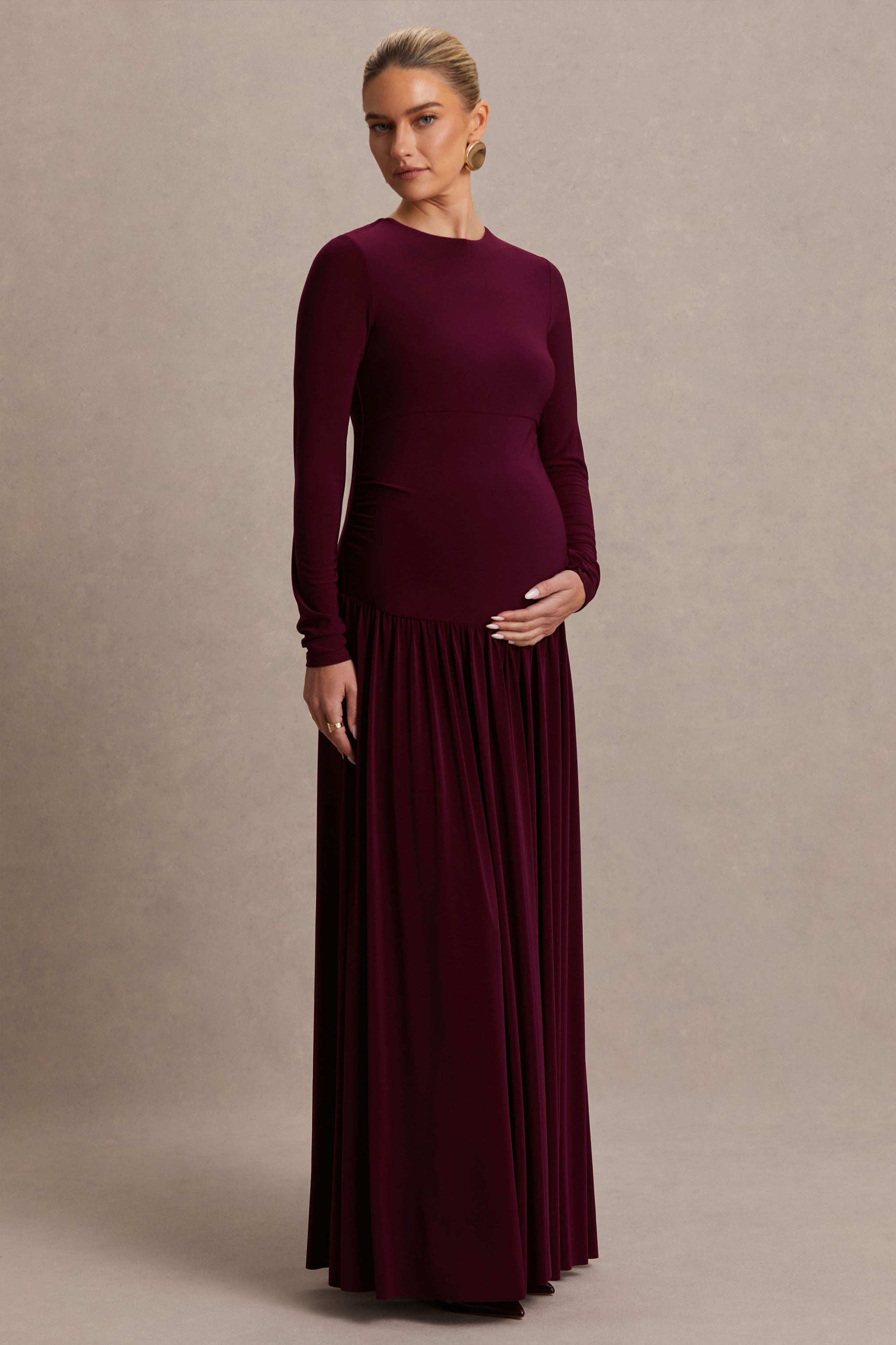 Monroe | Burgundy Crew-Neck Maternity Maxi Dress With Drop-Waist-Sowoom