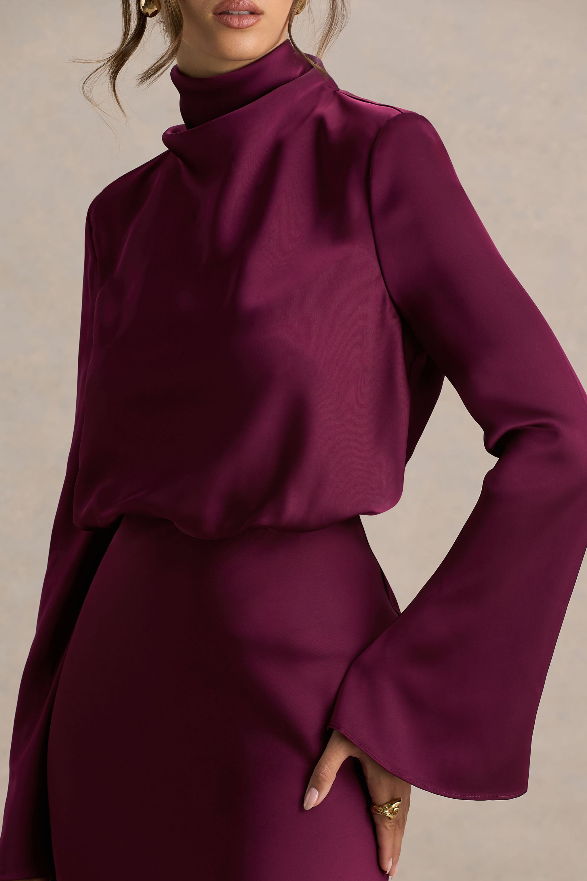 Celina | Burgundy Satin High-Neck Maxi Dress-Sowoom