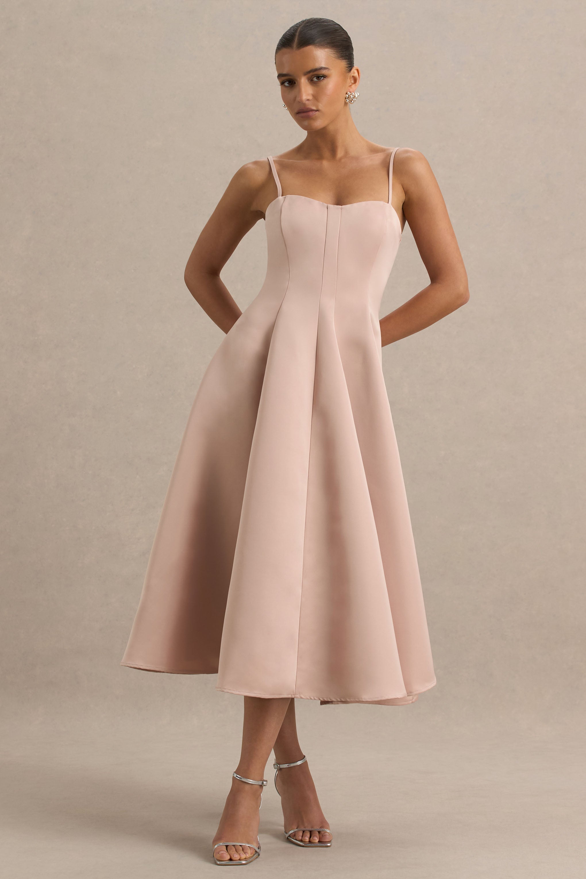 Mally | Rose Pink Satin Sweetheart A-Line Midi Dress-Sowoom