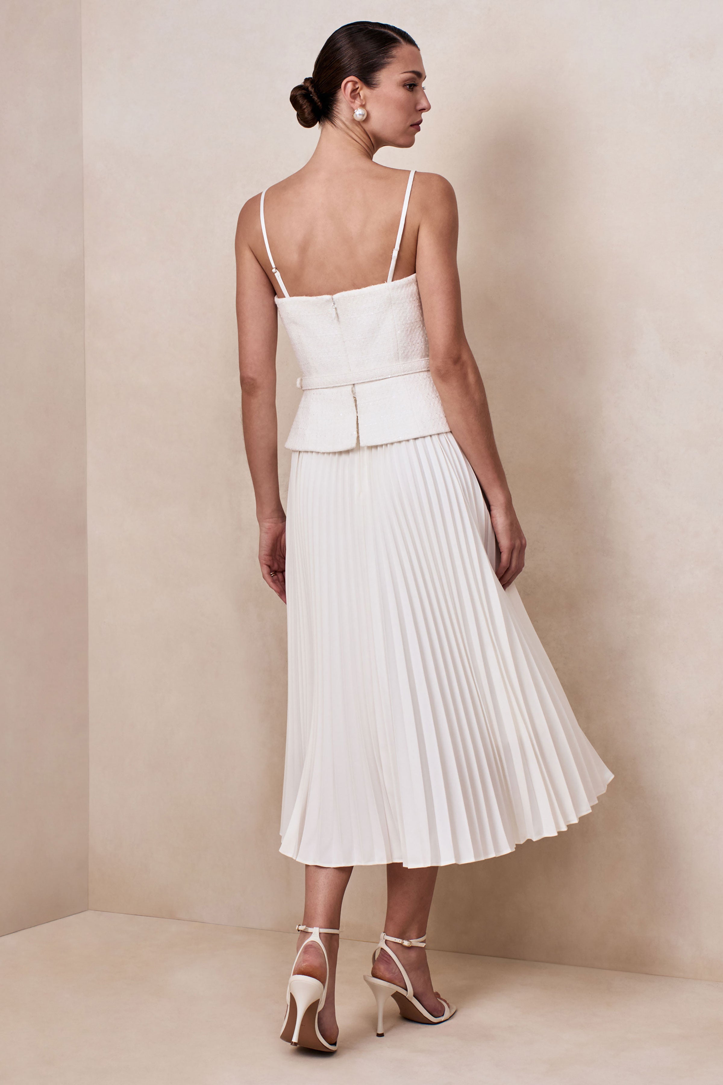 Lizzy | Cream Square-Neck Midi Dress With Pleated-Skirt-Sowoom