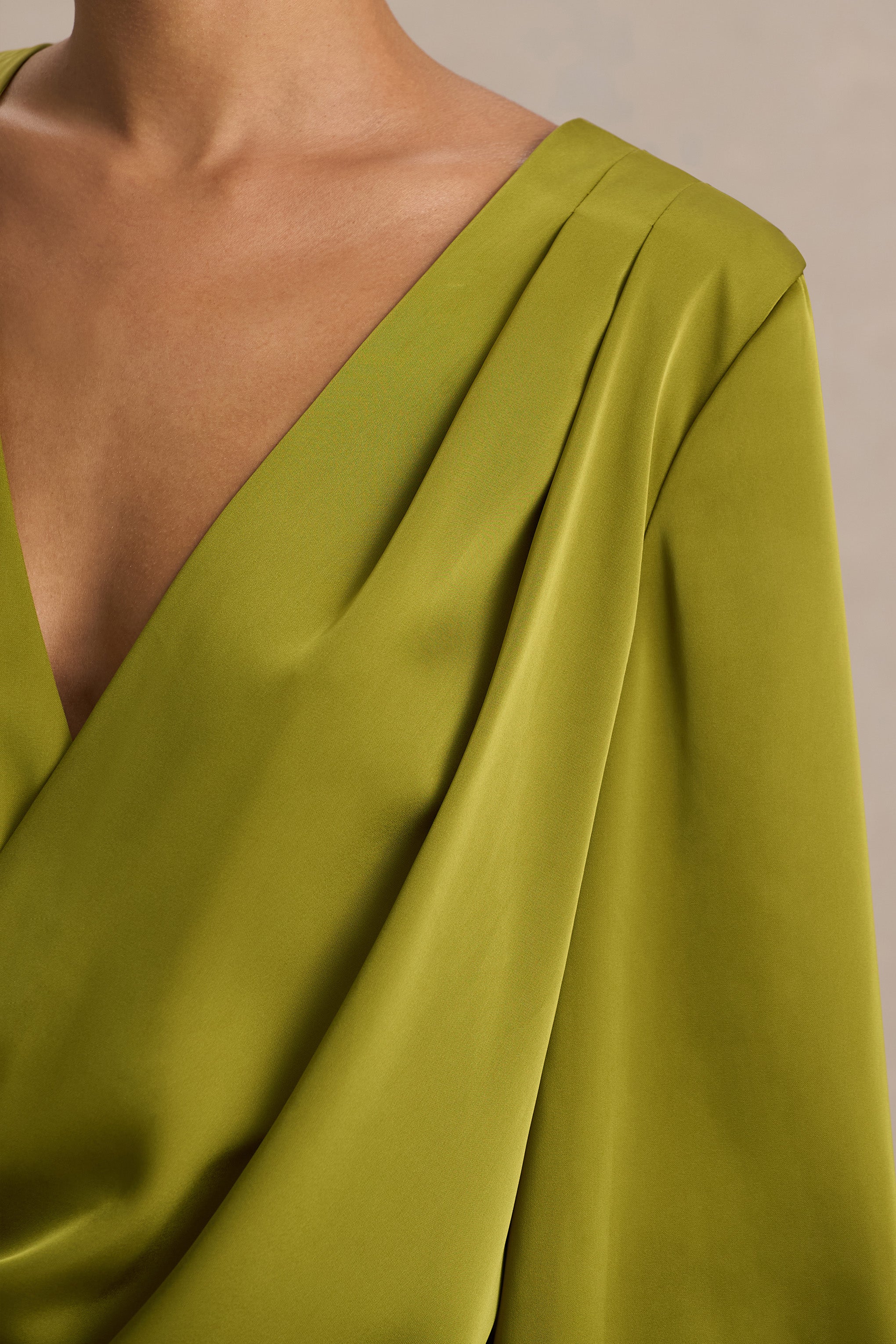 Cara | Olive Satin Plunge-Neck Micro-Mini Dress With Long Sleeve-Sowoom