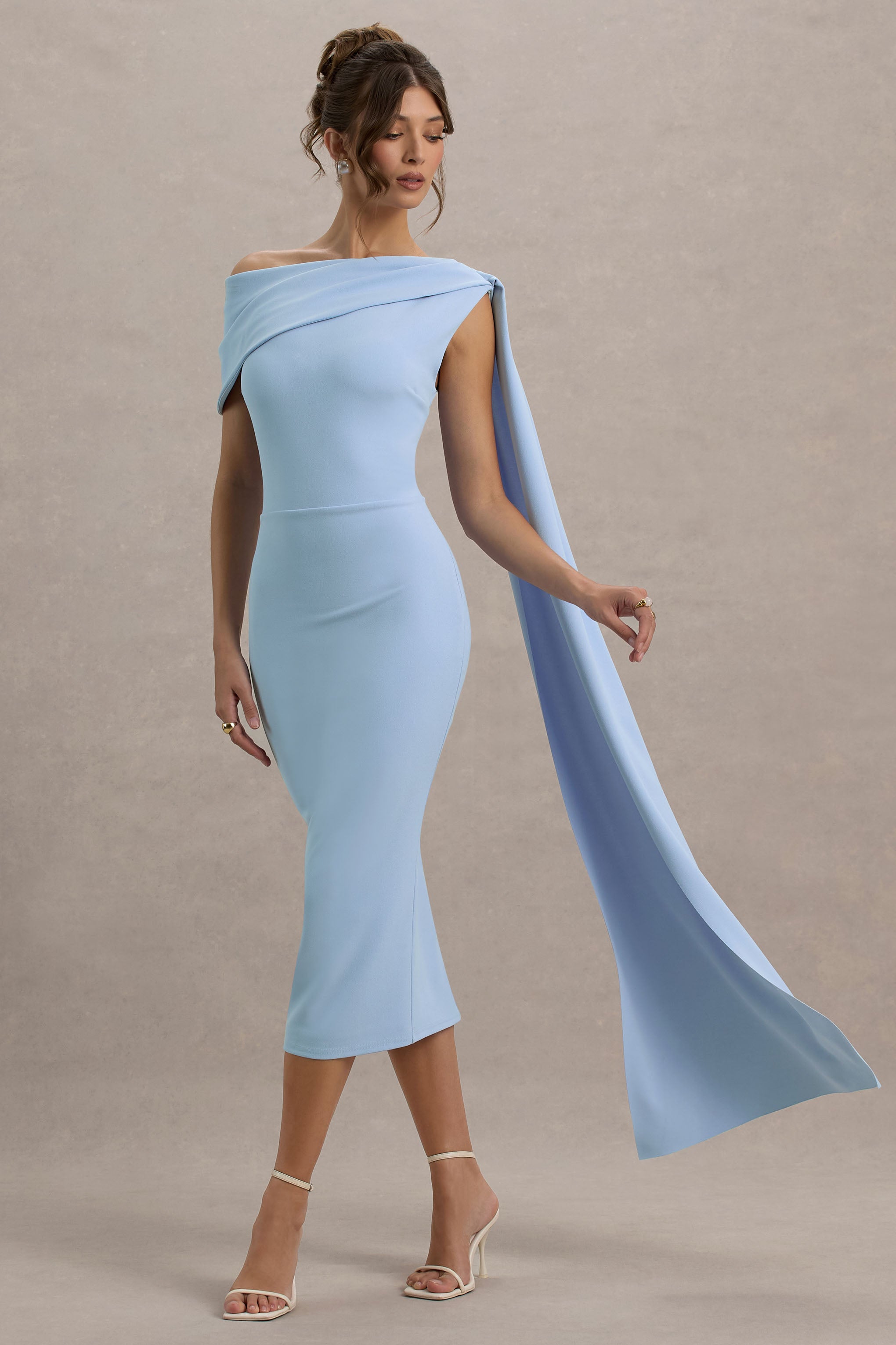 Niamh | Powder Blue Asymmetric Midi Dress With Drape-Sowoom