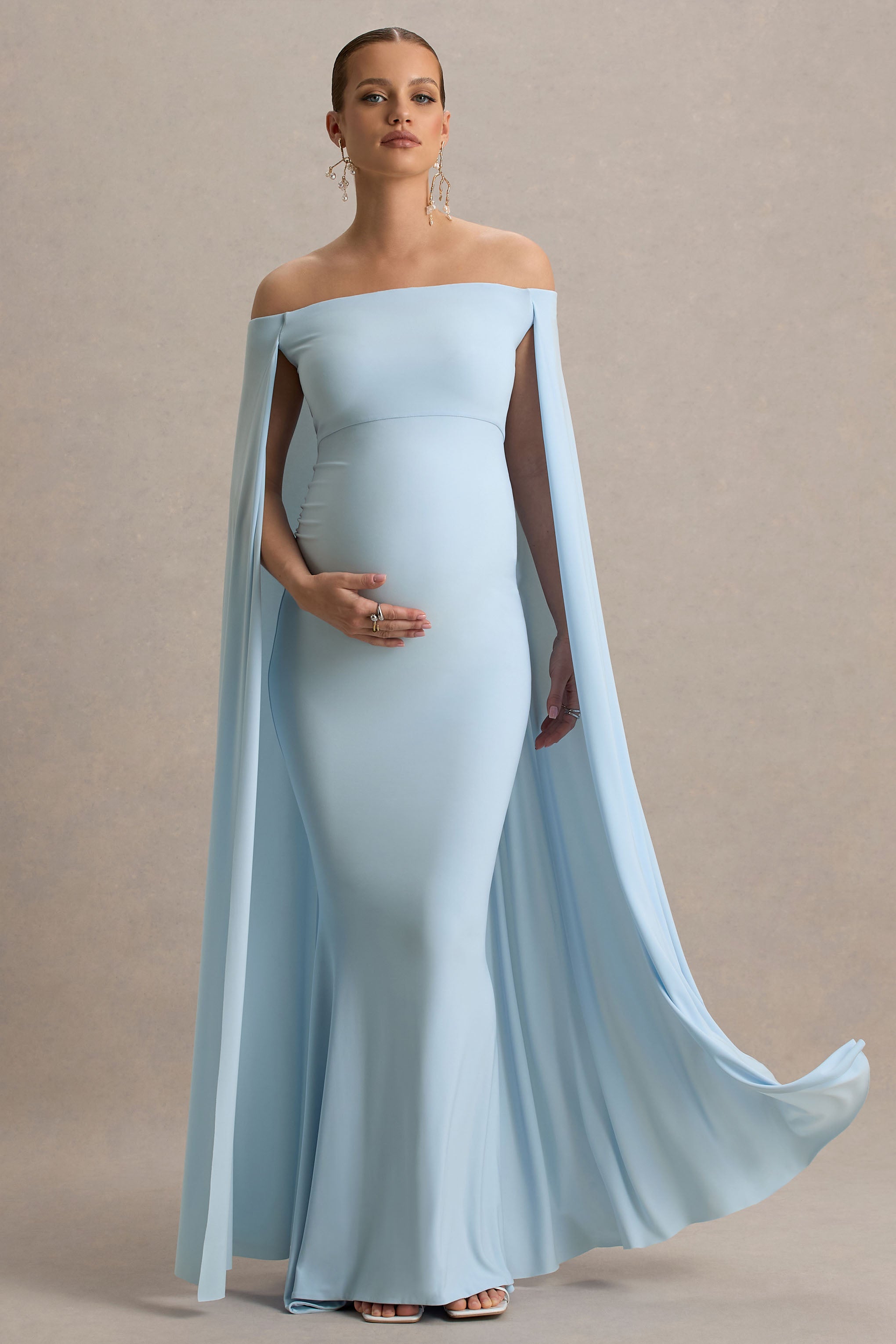 Radiance | Powder Blue Bardot Maternity Maxi Dress With Cape-Sowoom